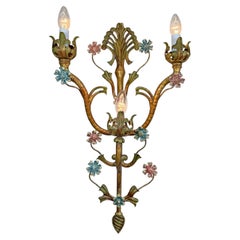 Large Italian Gilt Iron Decorative Floral Wall Light 1950's