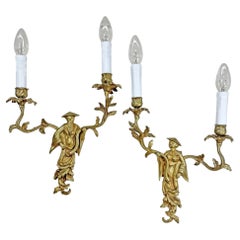 Pair Of Mid Century Chinoiserie Figure Gold Wall Lights