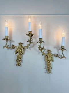 Pair Of Mid Century Chinoiserie Figure Gold Wall Lights