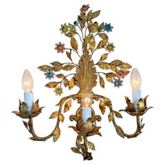 1950'S Gilt Metal Italian Wall Light With Painted Flowers