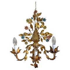 1950'S Gilt Metal Italian Wall Light With Painted Flowers