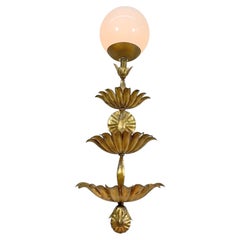 Italian Gilt Metal Tiered Scallop Wall Light With Milk Glass Globe 1950's