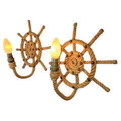 Audoux Minet An Exceptional Rare Pair Of Ships Wheel Rope Wall Lights France