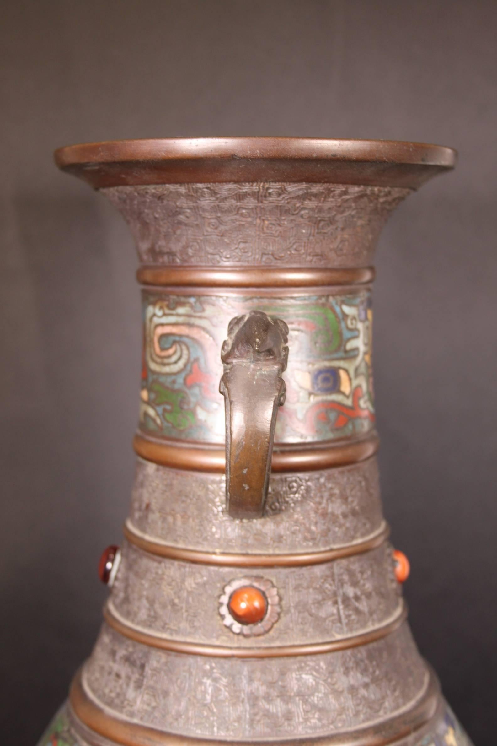 19th Century Japanese Bronze Cloisonne Enamel Vase with Elephant Handles For Sale 2