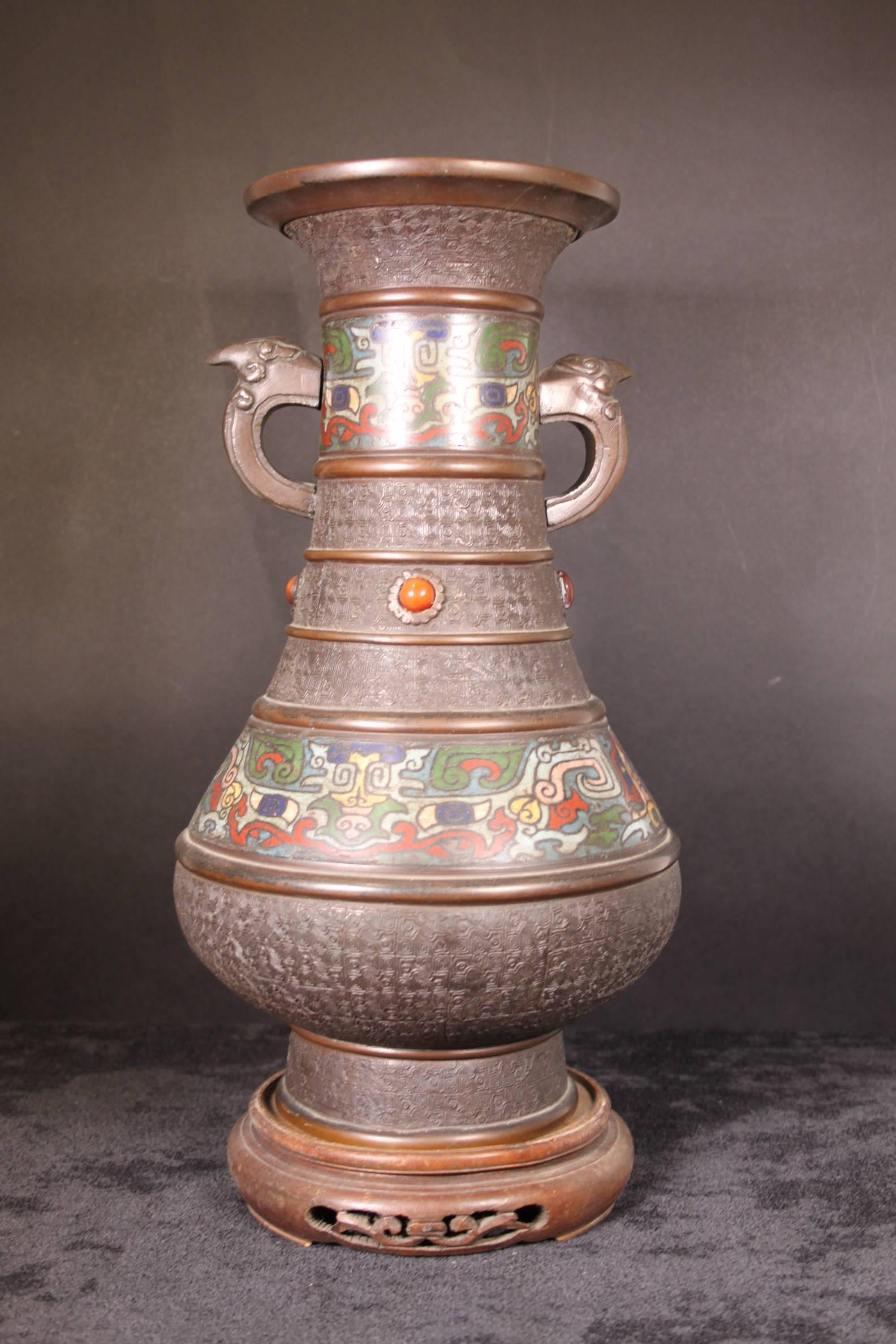19th Century Japanese Bronze Cloisonne Enamel Vase with Elephant Handles For Sale 5