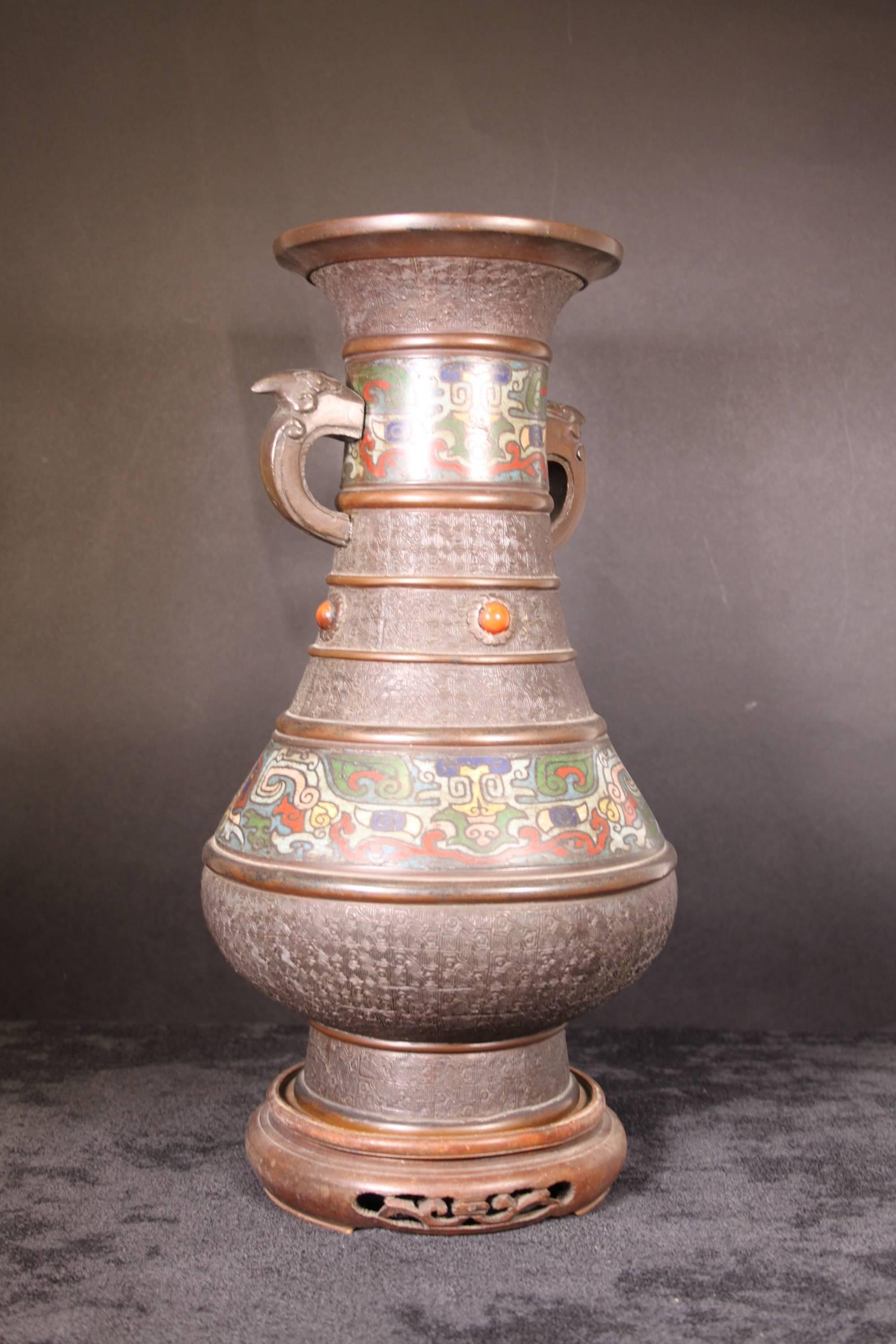 Late 19th Century 19th Century Japanese Bronze Cloisonne Enamel Vase with Elephant Handles For Sale