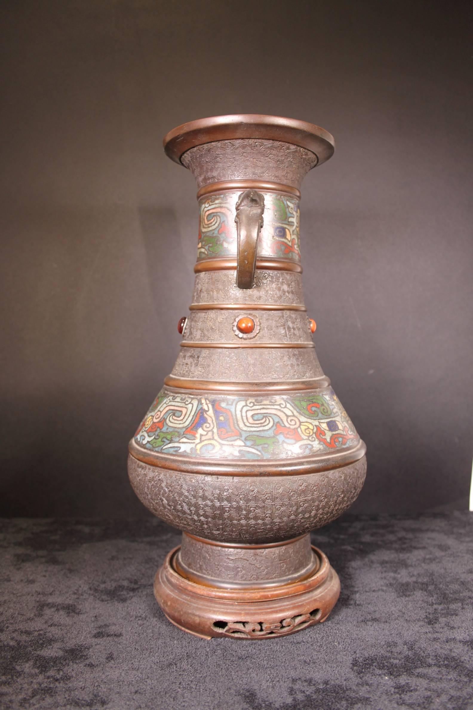 19th Century Japanese Bronze Cloisonne Enamel Vase with Elephant Handles In Excellent Condition For Sale In Harrogate, GB