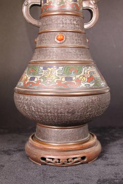 19th Century Japanese Bronze Cloisonne Enamel Vase with Elephant Handles