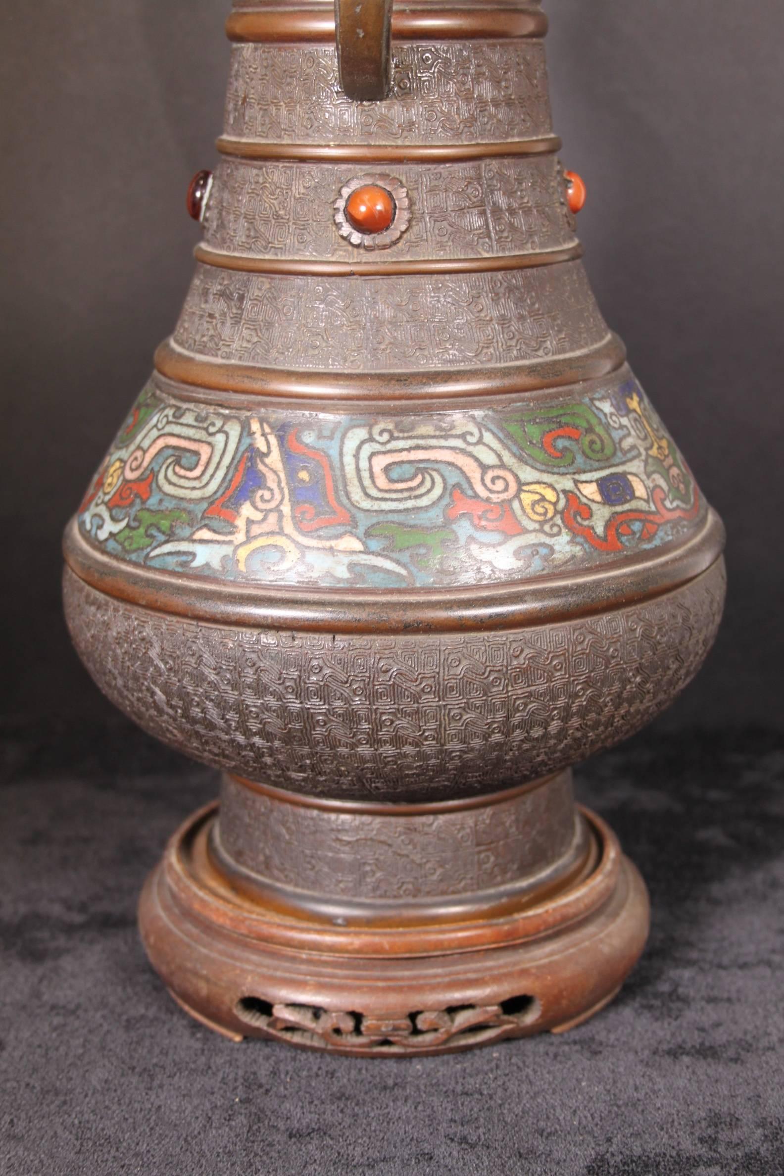19th Century Japanese Bronze Cloisonne Enamel Vase with Elephant Handles For Sale 6
