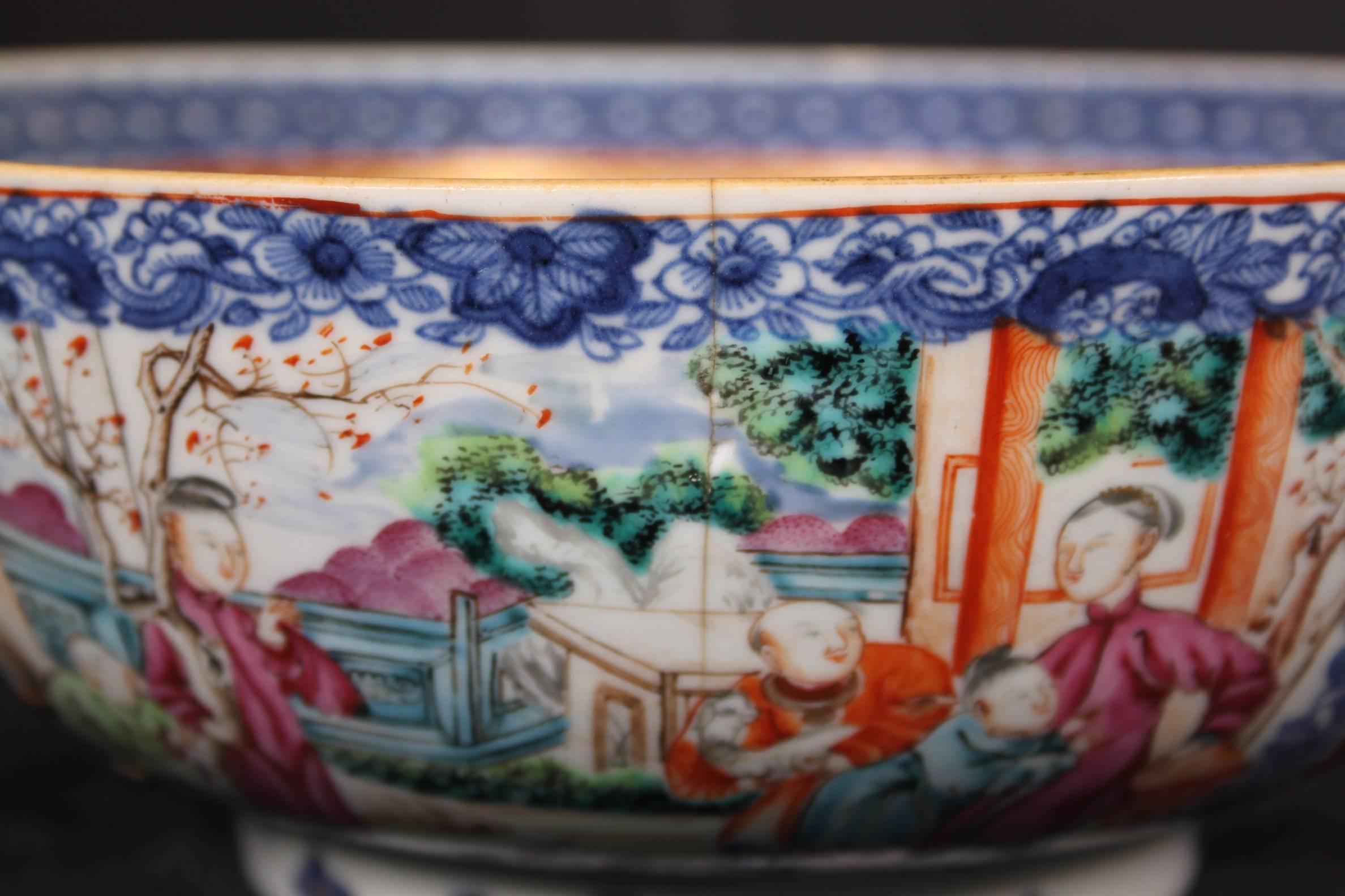 18th Century (1770-1780) Chinese Punchbowl of the Qing Dynasty in the typical Mandarin Palette and style depicting a court scene with rare motifs of dogs. Very well painted scenes and carefully detailed elements. Condition: Fair, however has had