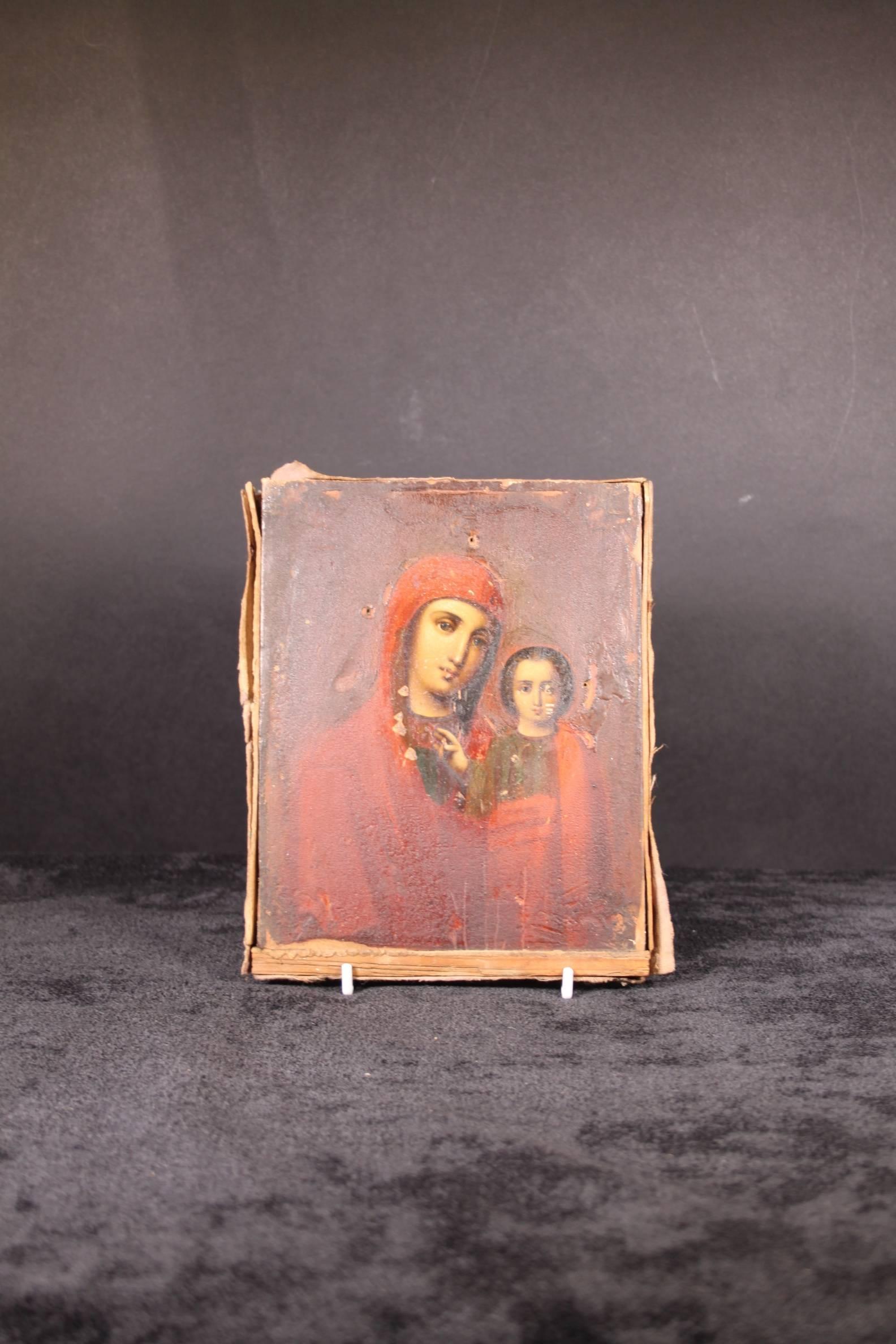 19th Century Soviet Russian Icon of Madonna and Jesus on Wood 4