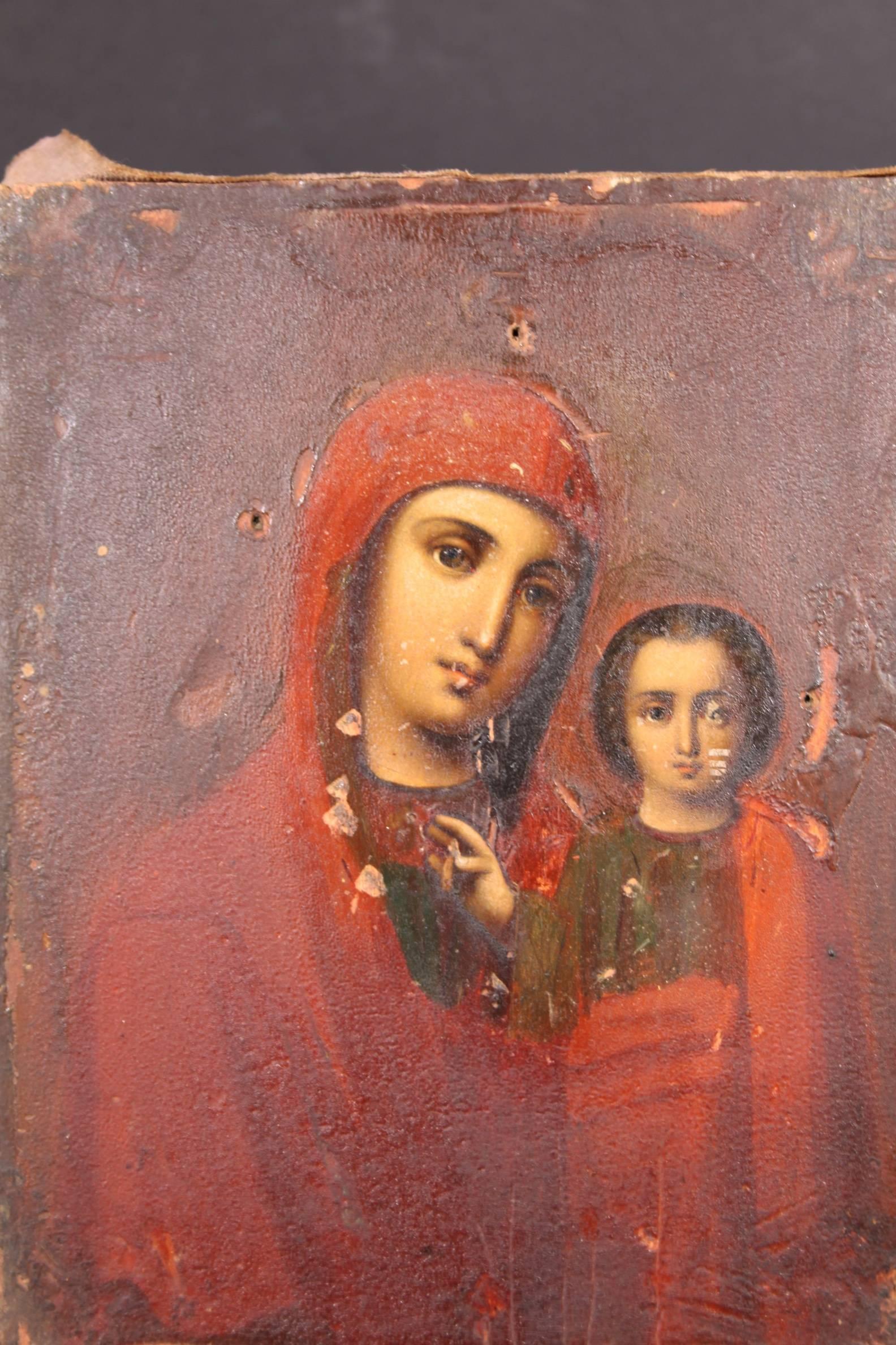 19th Century Soviet Russian Icon of Madonna and Jesus on Wood 2