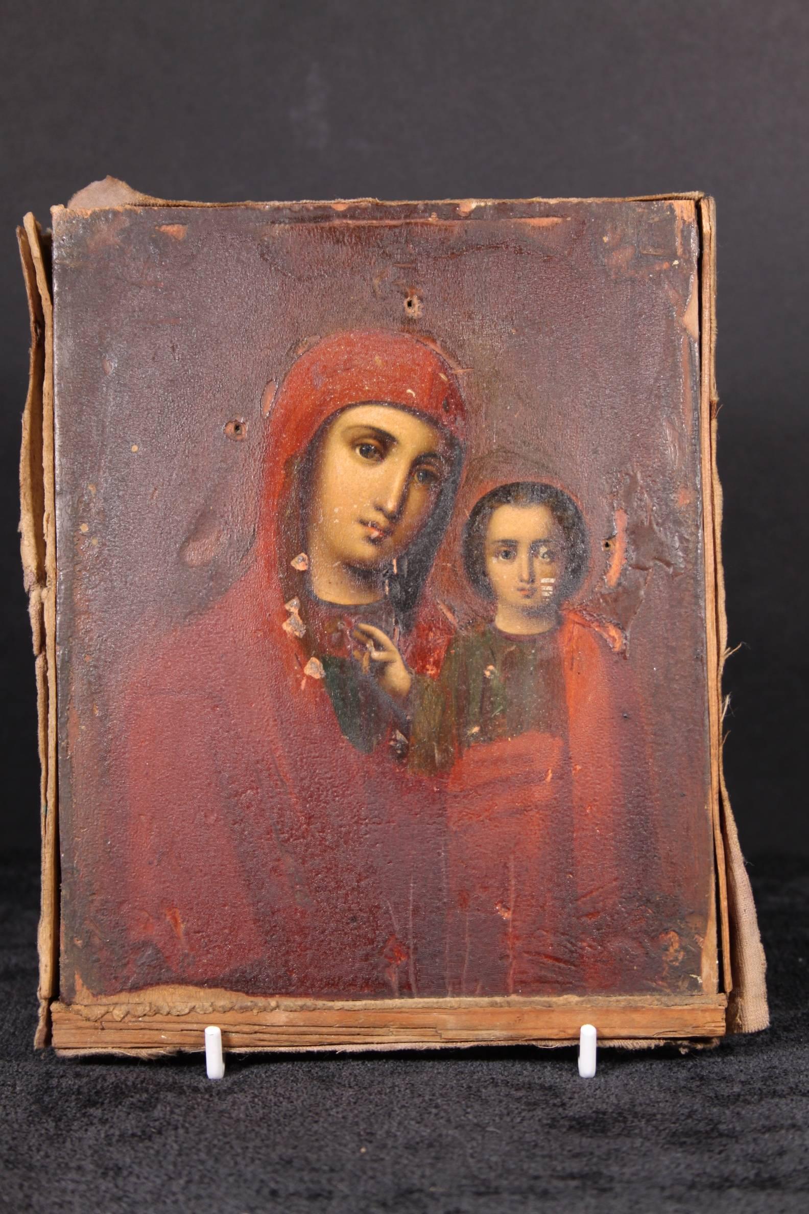 19th Century Soviet Russian Icon of Madonna and Jesus on Wood 5