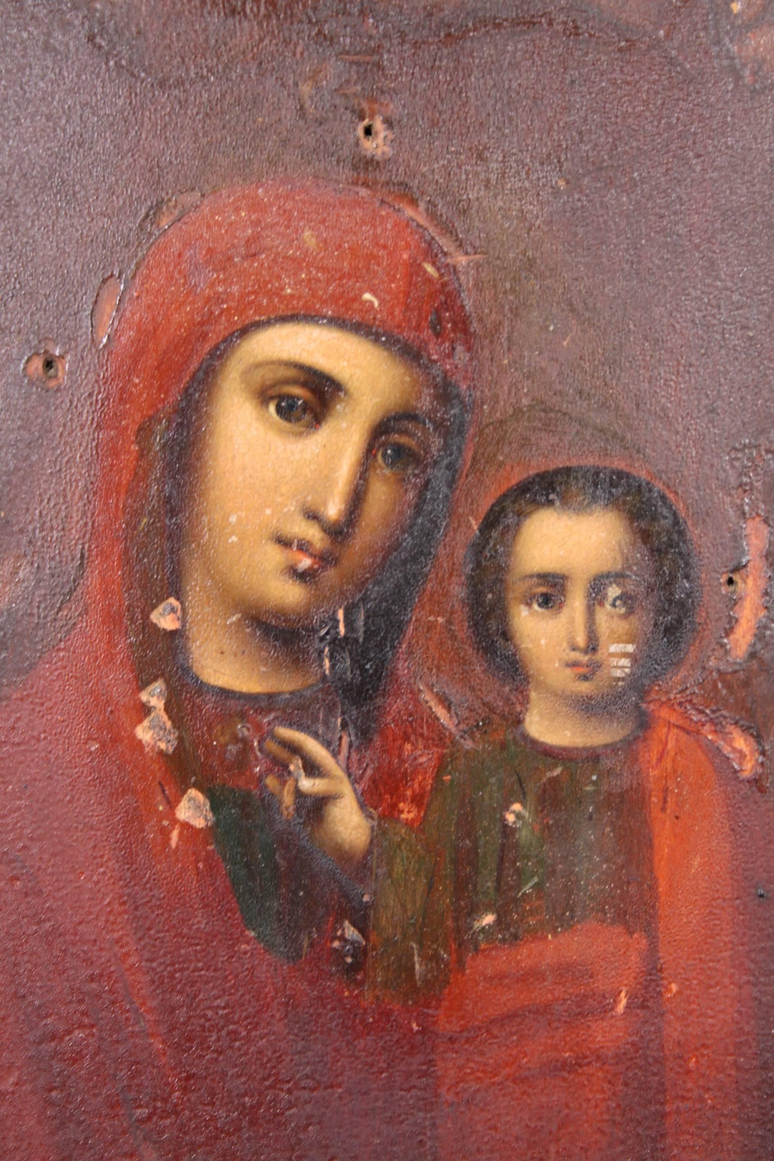 19th Century Soviet Russian Icon of Madonna and Jesus on Wood 3