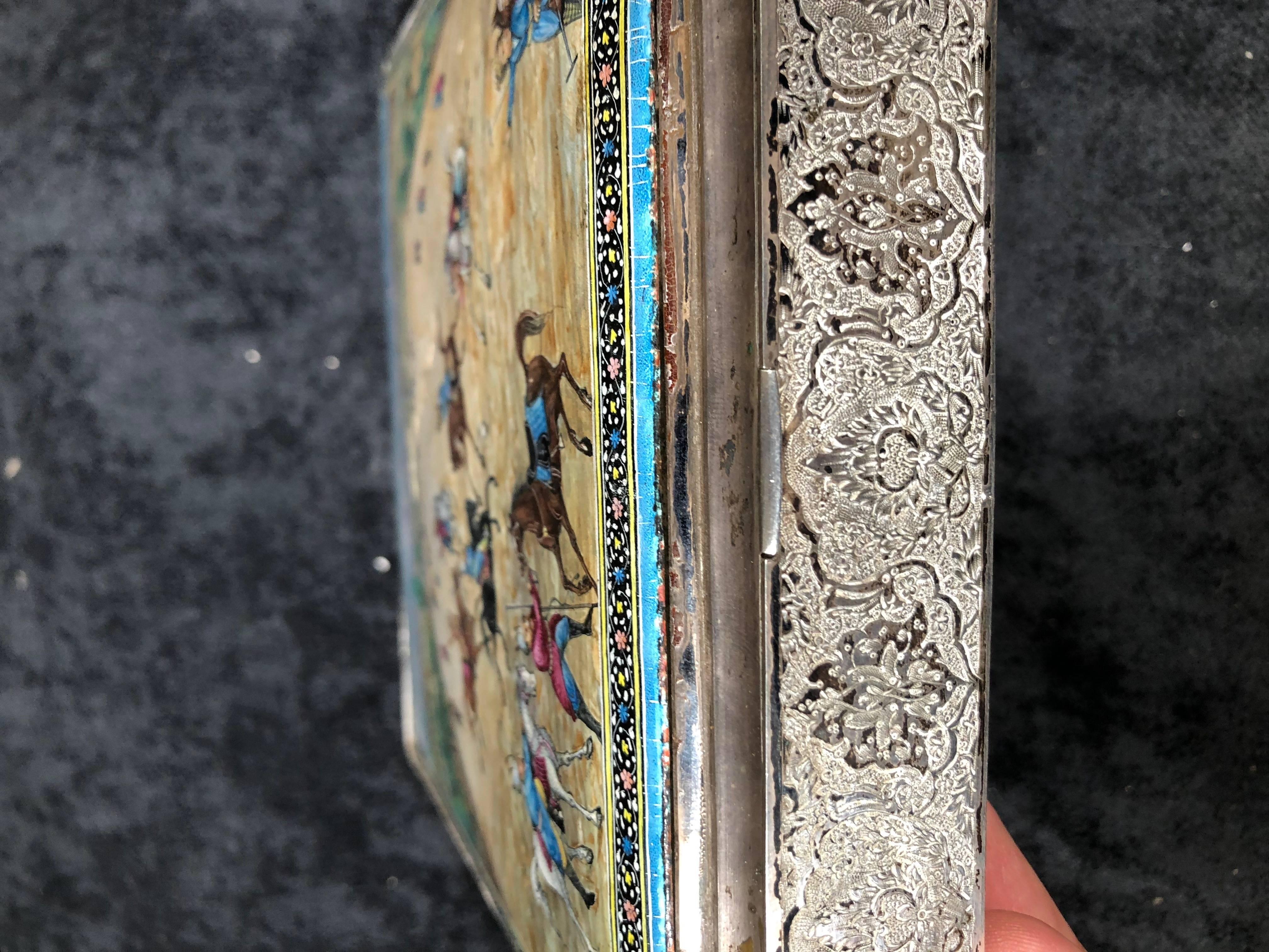 Large Mid-19th Century Iranian Silver Persian Miniature Enamel Painted Polo Box For Sale 3