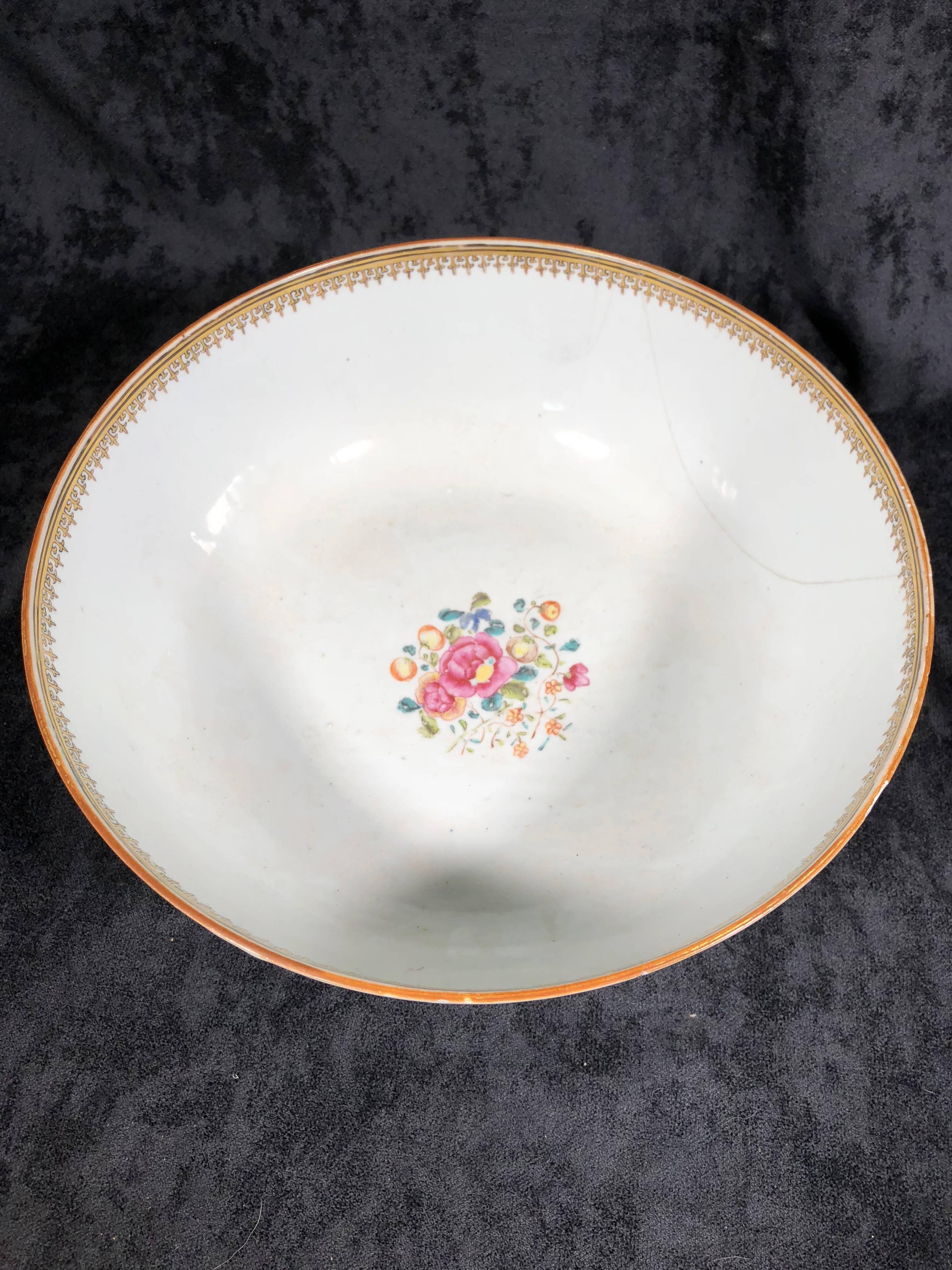 Very elegant, large and well produced 18th century Qianlong period Chinese export punch bowl. Depicting various motifs of Chinese culture to include court scenes with upper class socialites smoking opium pipes. This bowl is 12.5 inches wide x 5.90