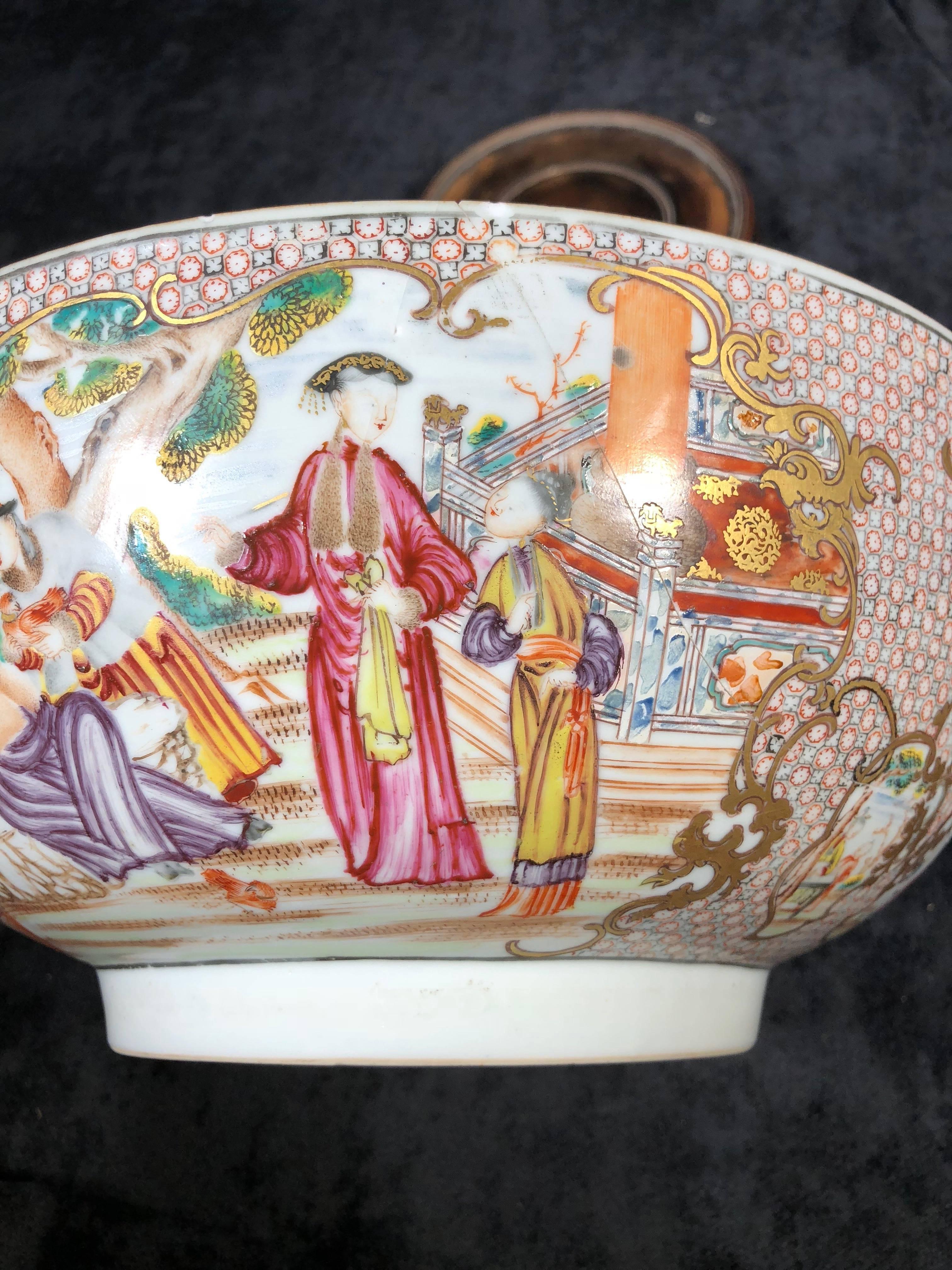 18th Century Chinese Qianlong Export Ware Porcelain Punch Bowl For Sale 6