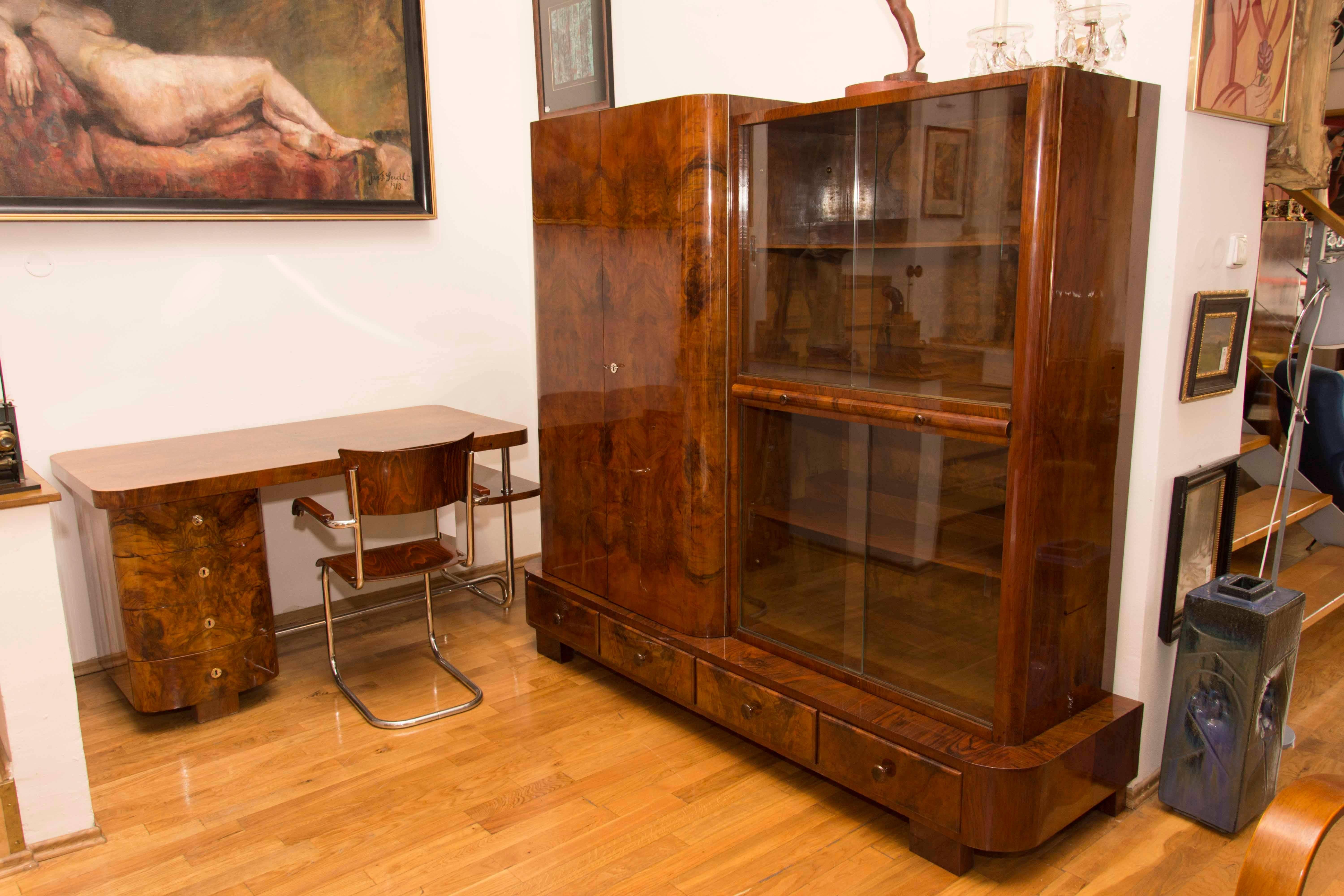 Art Deco Library Cabinet in Walnut by Jindrich Halabala for UP Zavody, 1930s