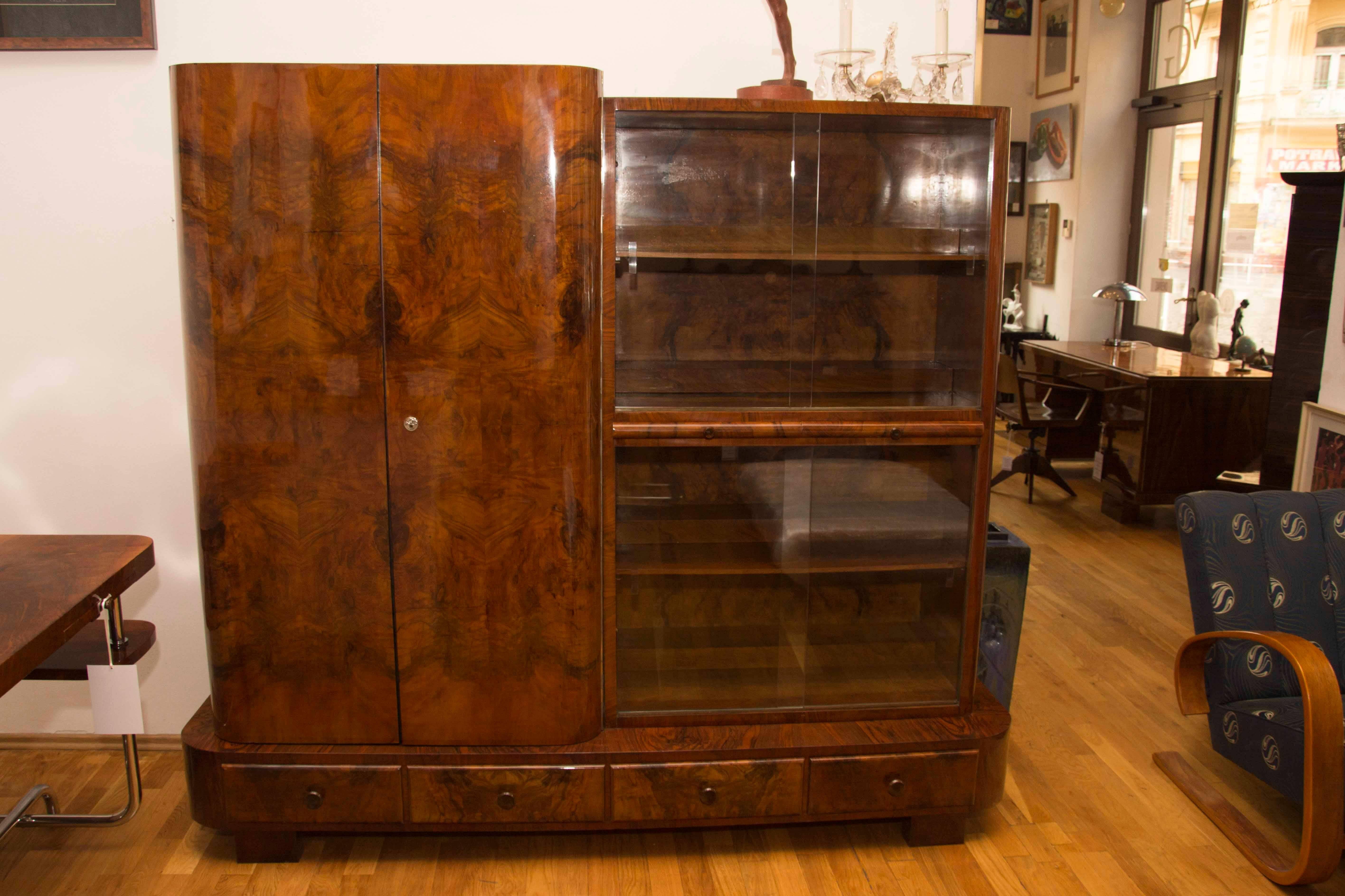 Czech Library Cabinet in Walnut by Jindrich Halabala for UP Zavody, 1930s