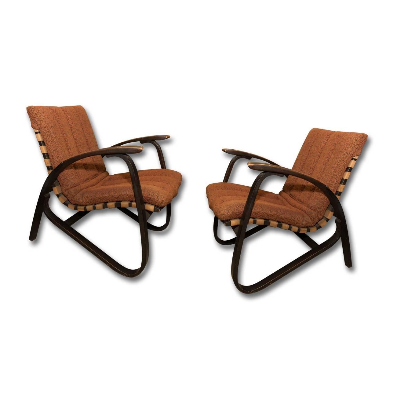 Fabric Pair of Bentwood Armchairs with Woven Straps by Jan Vanek for UP Zavody, 1930s