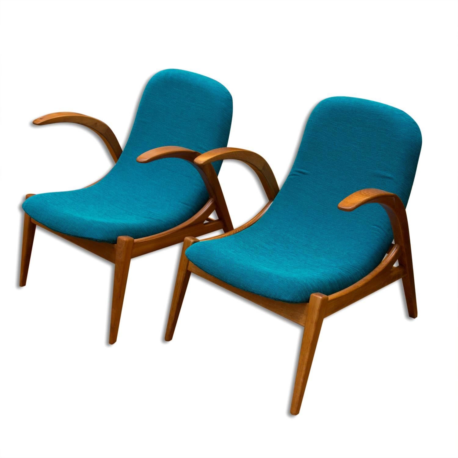 A pair of very interesting design armchairs. It was made in Czechoslovakia in the 1970s. The armchairs are small, so they are rather suitable as ladies' or children's chairs. However, men may, of course, use them as well) They are after a complete