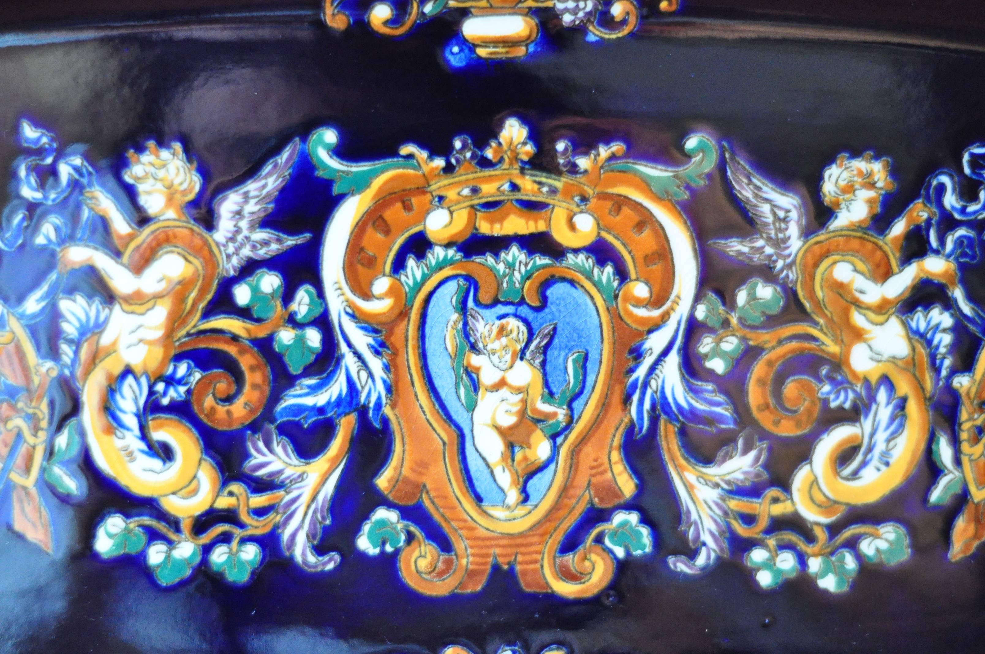 19th Century 20th Century Gien Faience Renaissance Fond Bleu Plat a Poisson For Sale