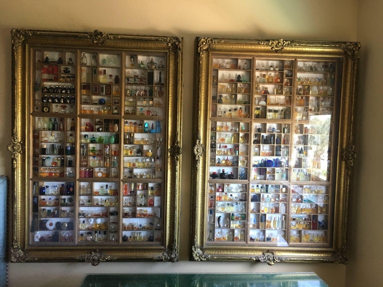 Pair Of Antique Frames Display Cabinets And Perfume Bottle Collection