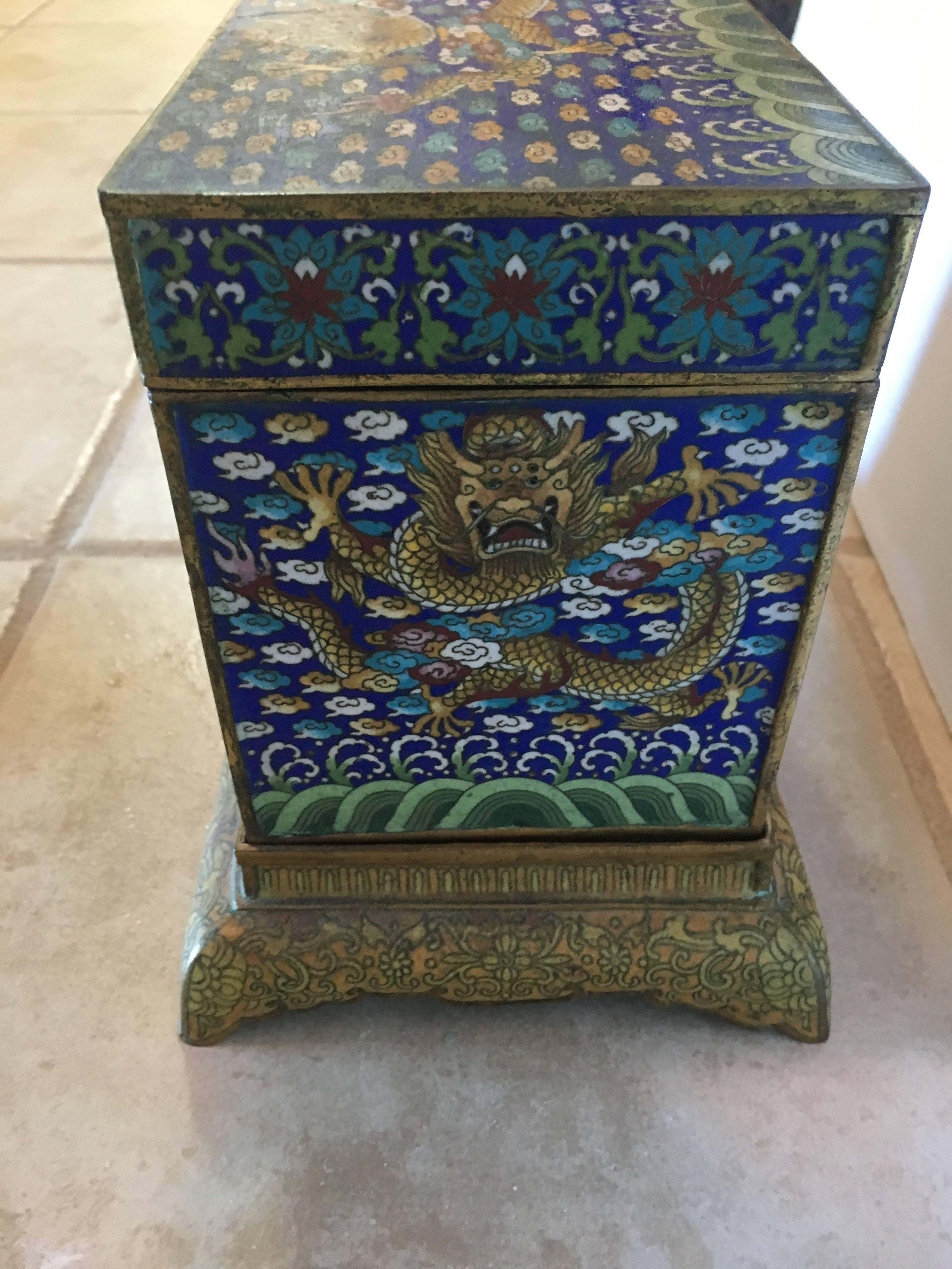 The Cloisonné box is well handmade with stand the lid to match. Dragon Design with 5 claw fingers! Scholar's object.
