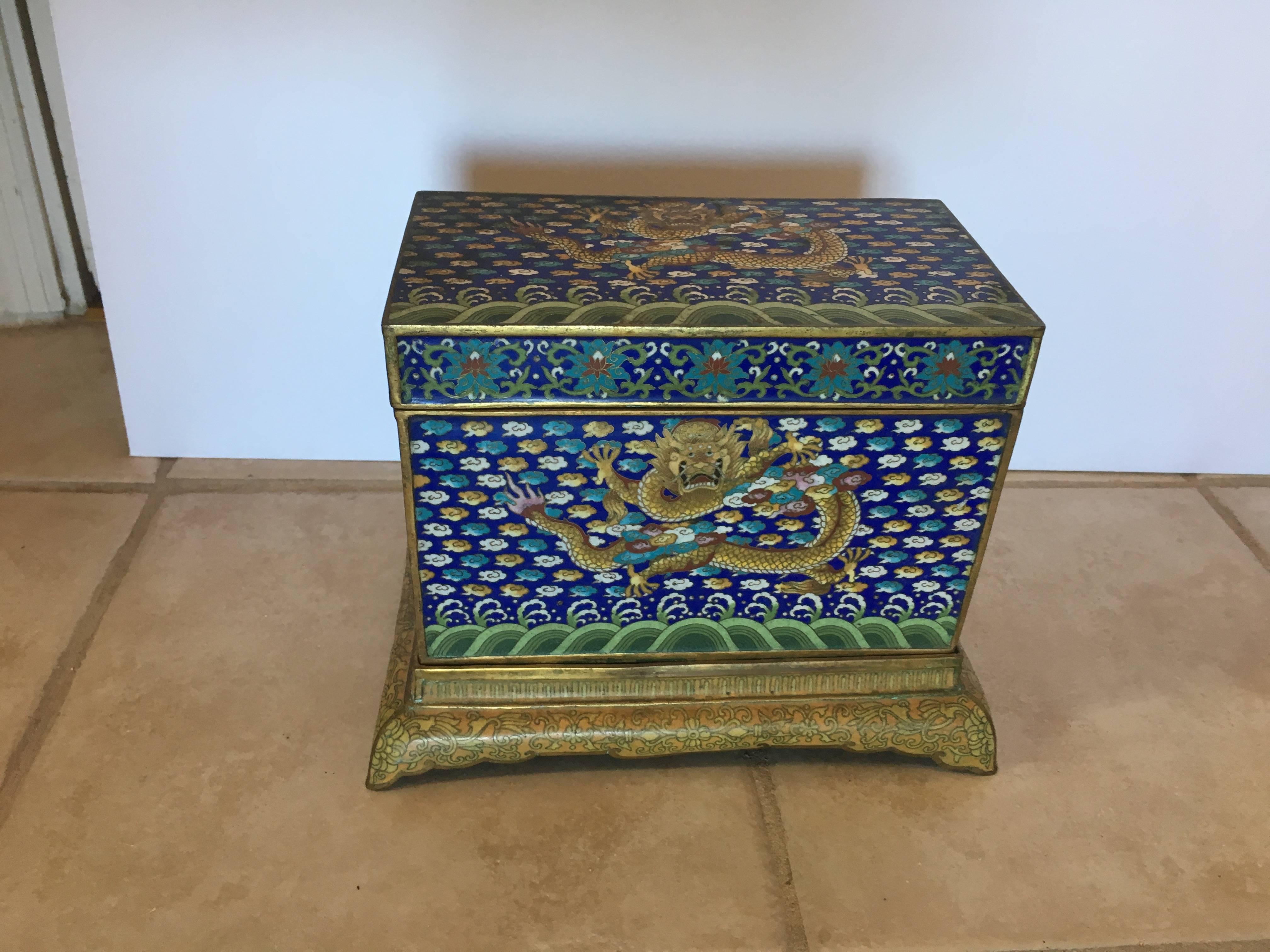 Chinese Export Chinese Cloisonné Dragon Box with Stand