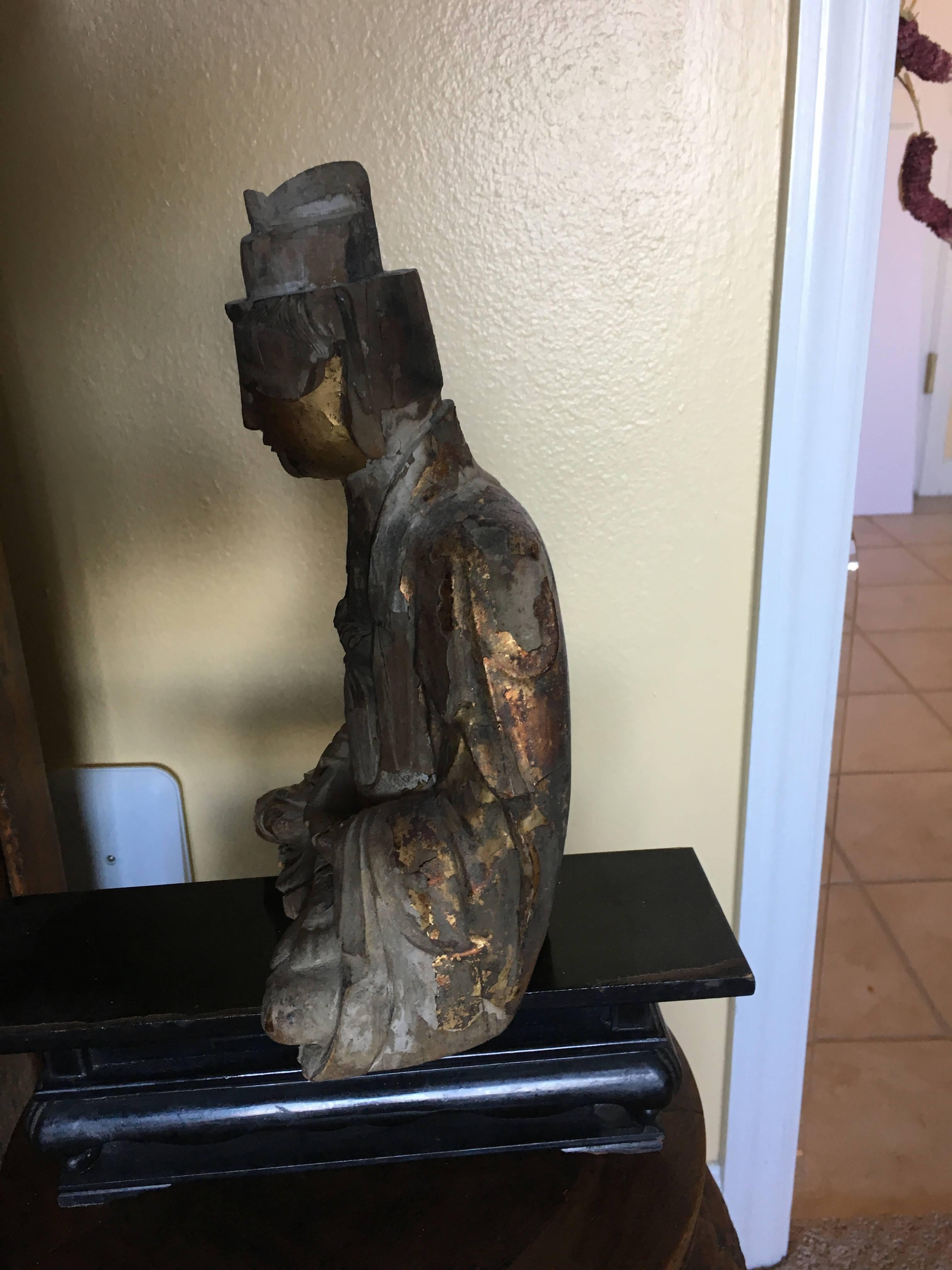 Chinese Gold Leaf Wooden Buddha In Excellent Condition In Sarasota, FL