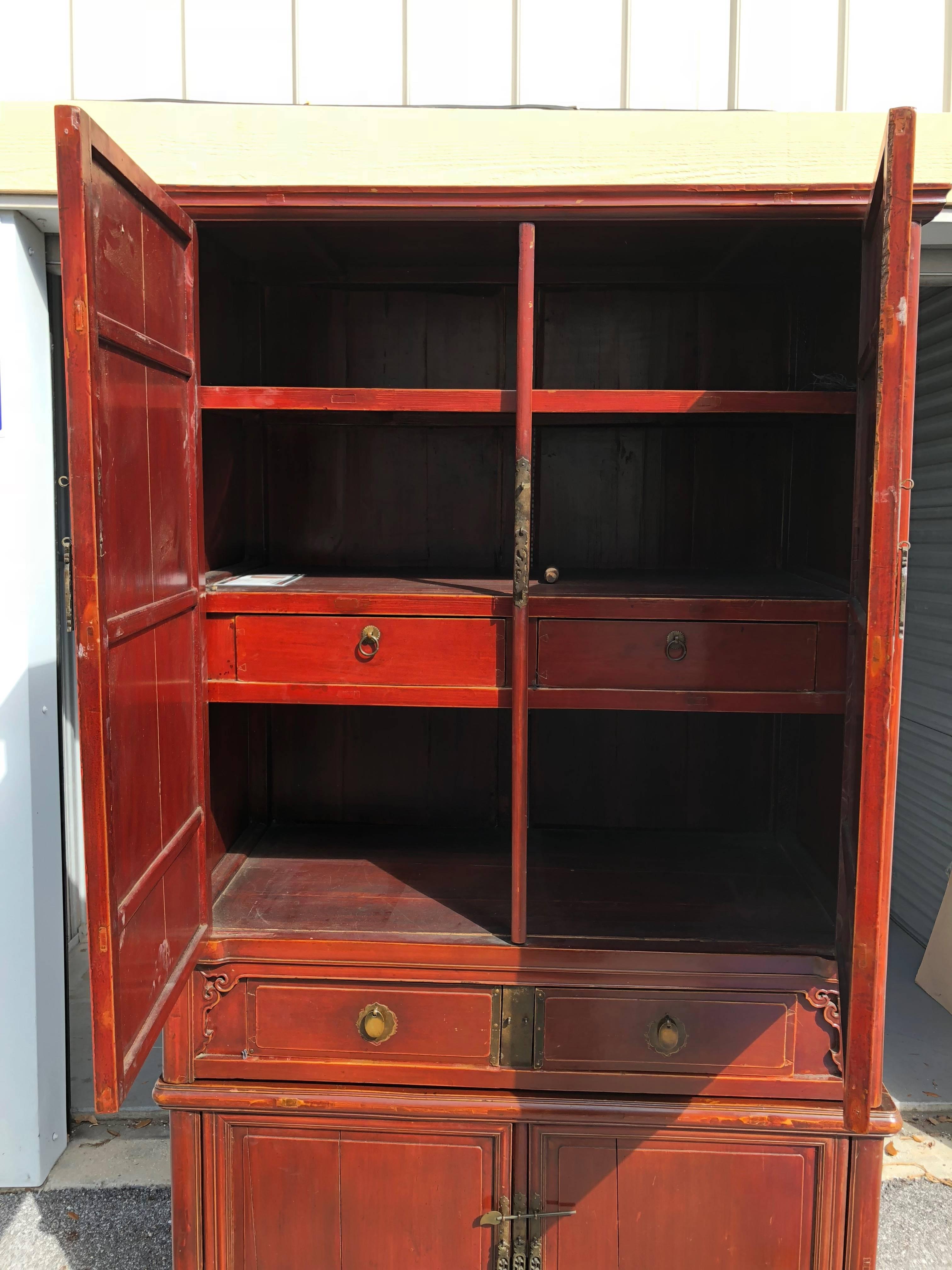 Qing Chinese Tall Red Lacquered Cabinet