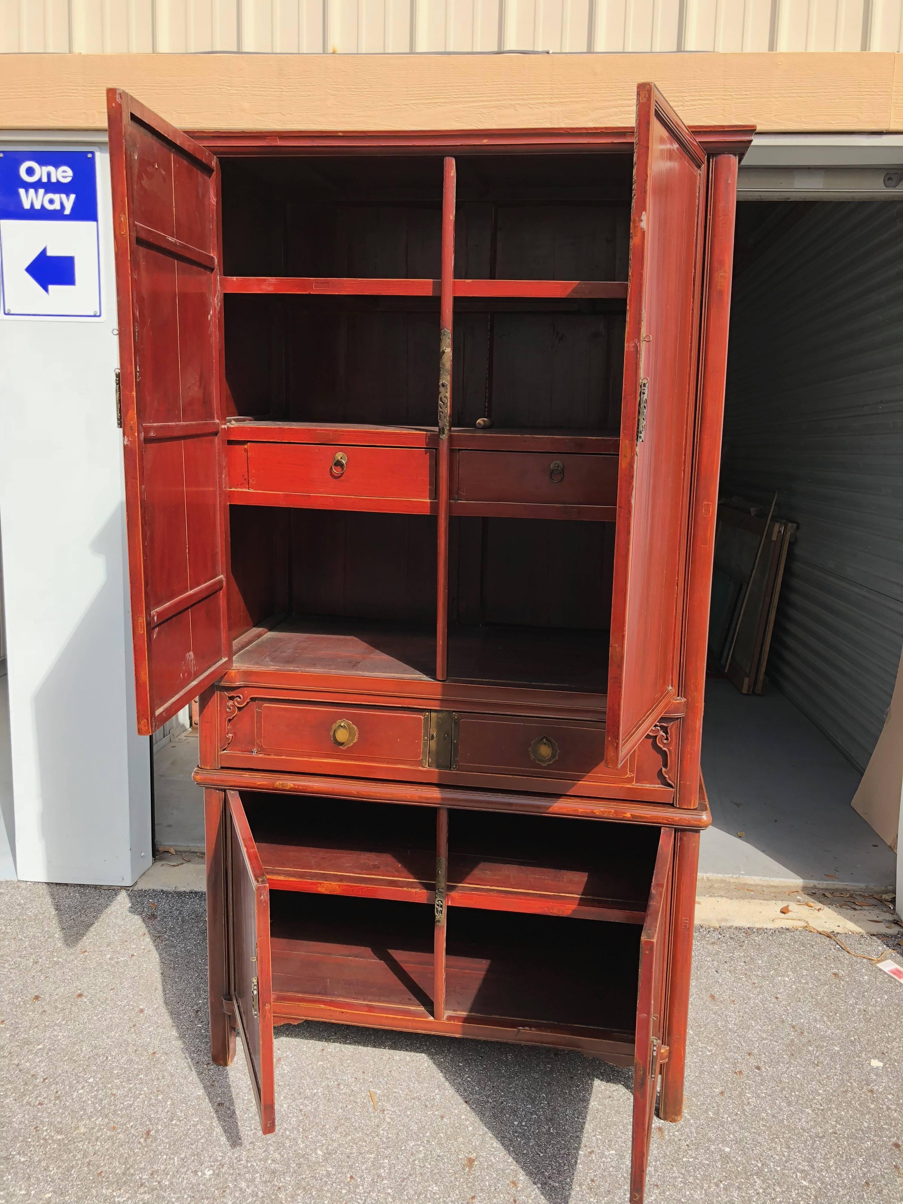 Hand-Carved Chinese Tall Red Lacquered Cabinet