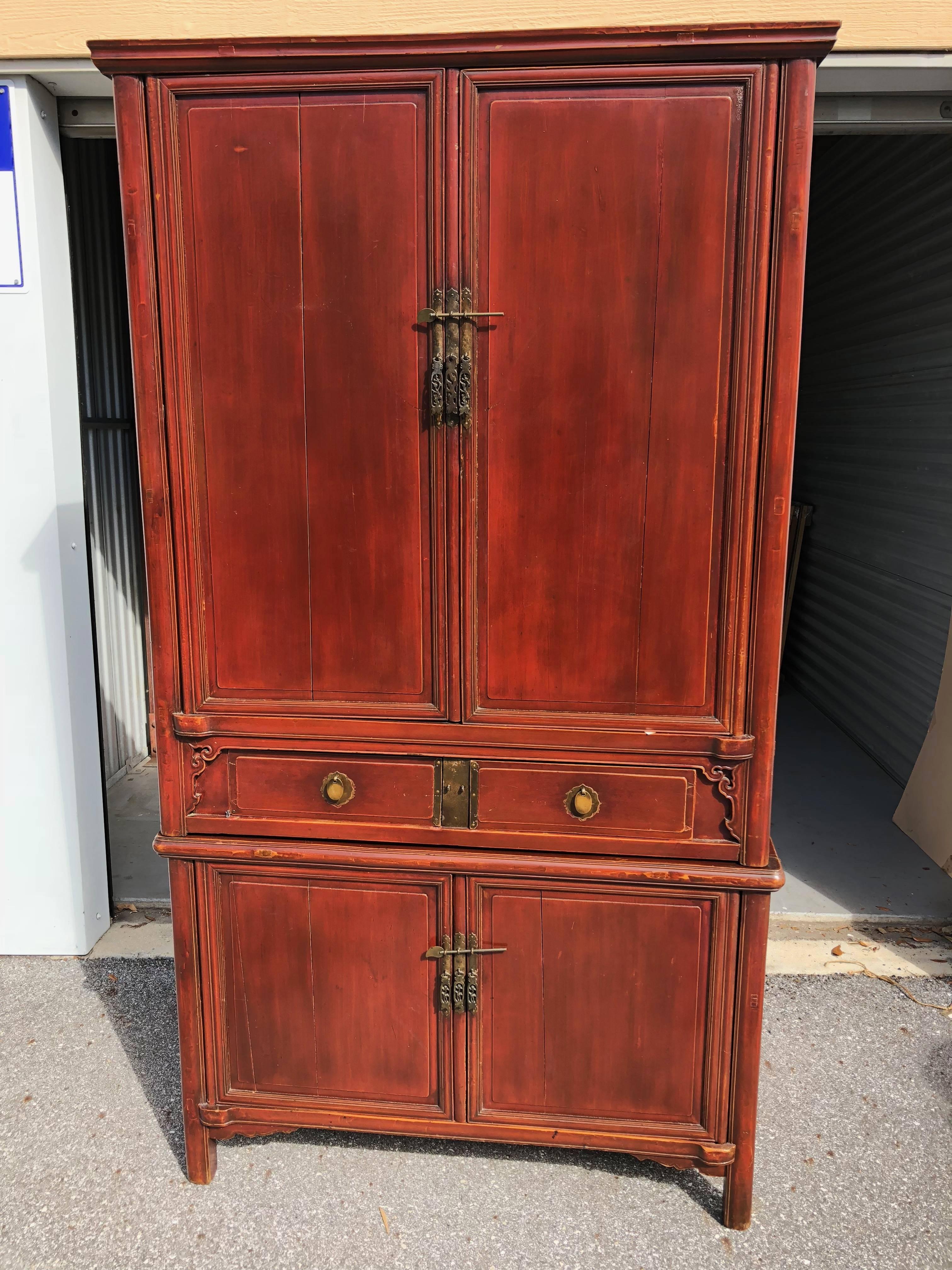 Chinese Tall Red Lacquered Cabinet In Excellent Condition In Sarasota, FL