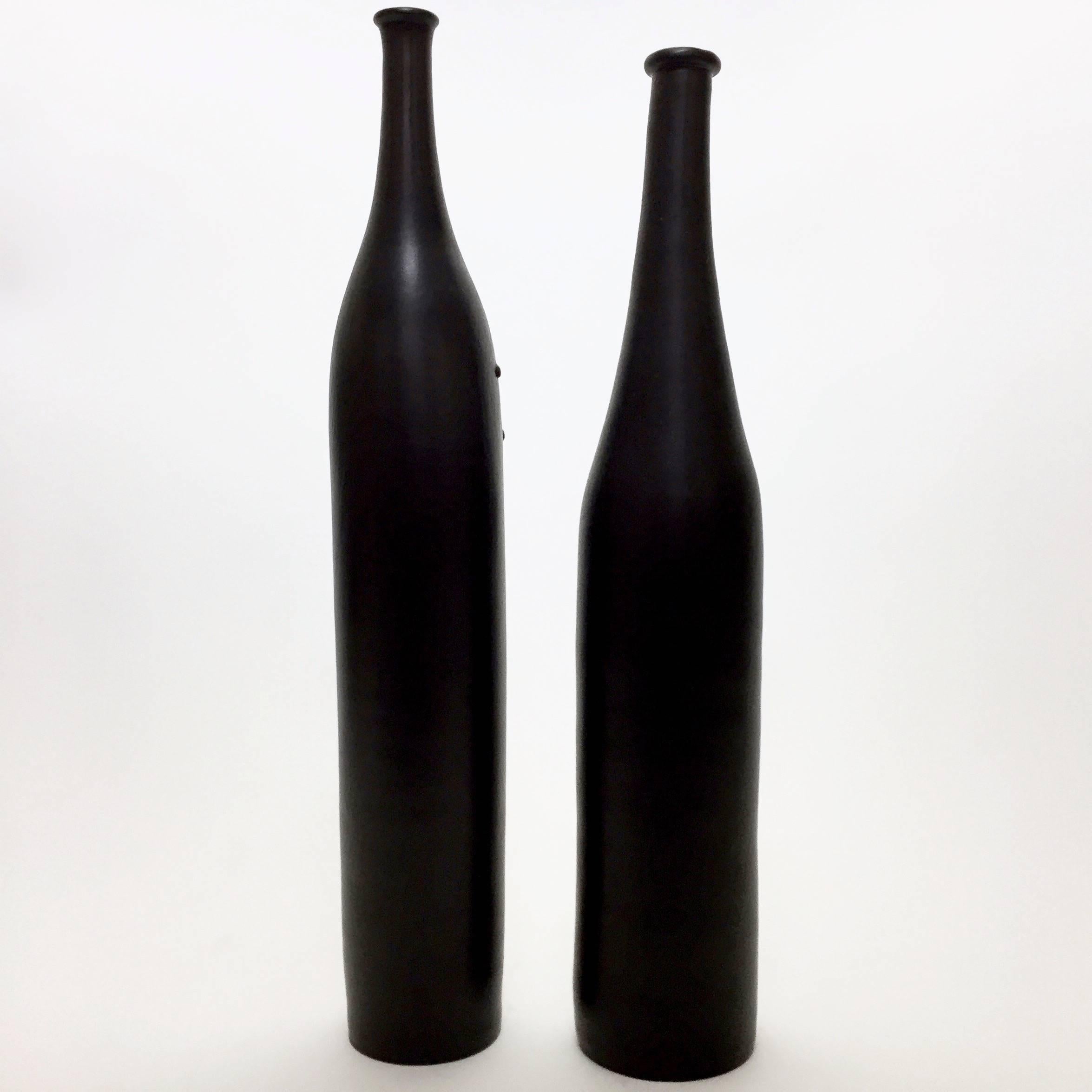 Organic Modern Dalo, Pair of Ceramic Bottles Glazed in Black For Sale