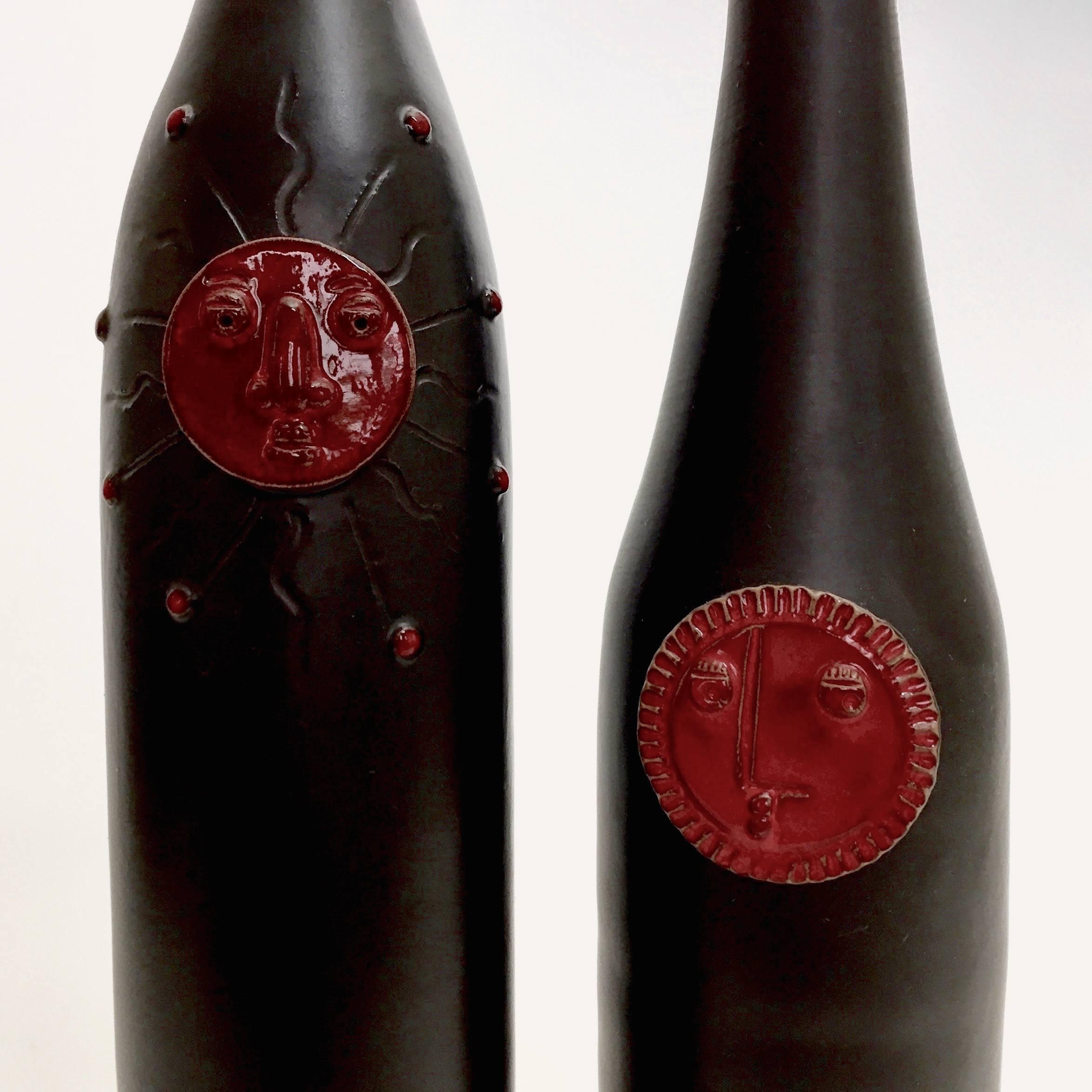 French Dalo, Pair of Ceramic Bottles Glazed in Black For Sale