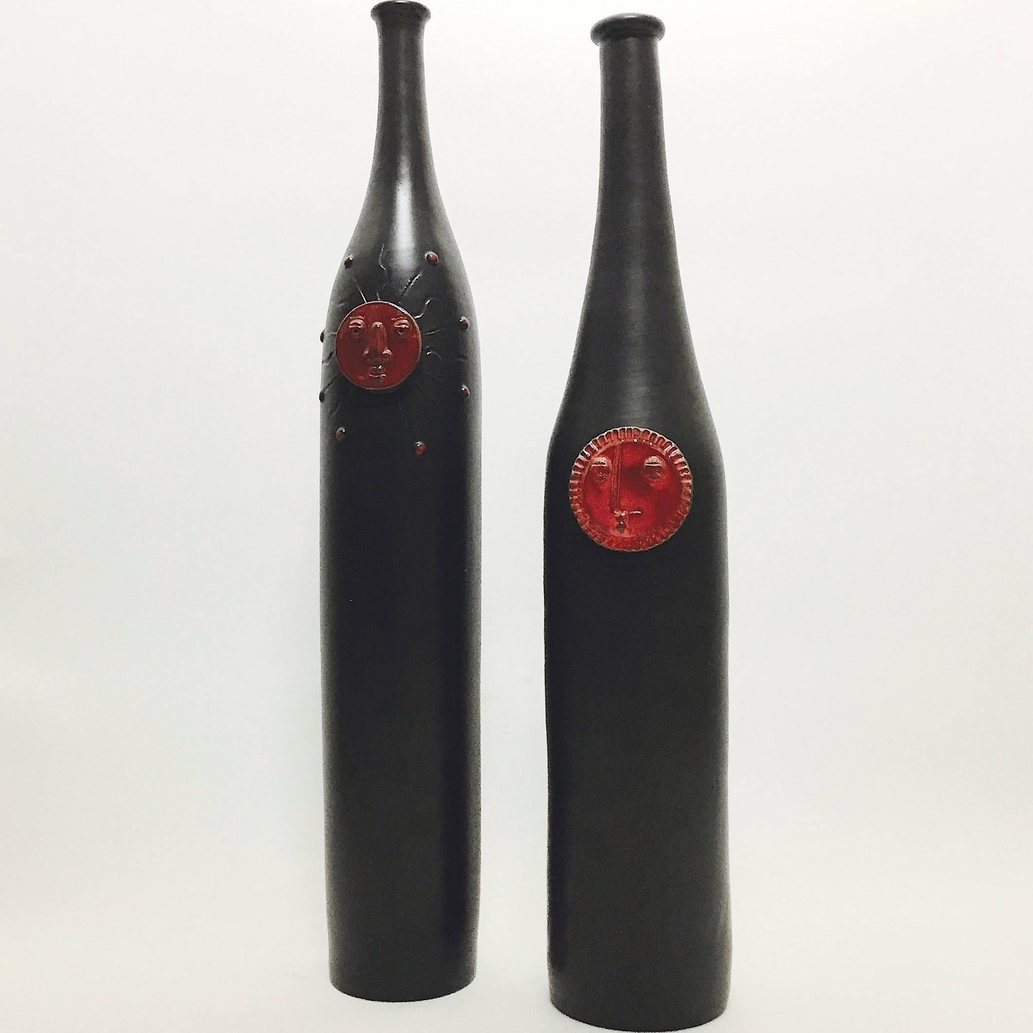 Contemporary Dalo, Pair of Ceramic Bottles Glazed in Black For Sale