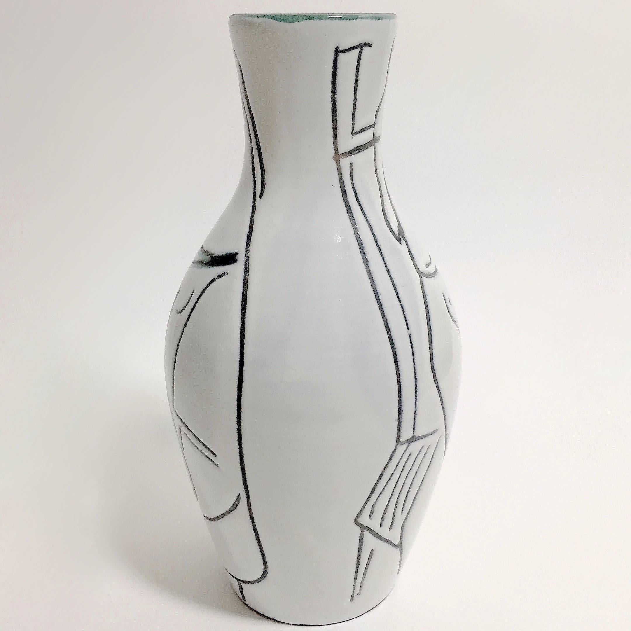 Enameled Jacques Innocenti, Black and White Ceramic Bottle Vase For Sale