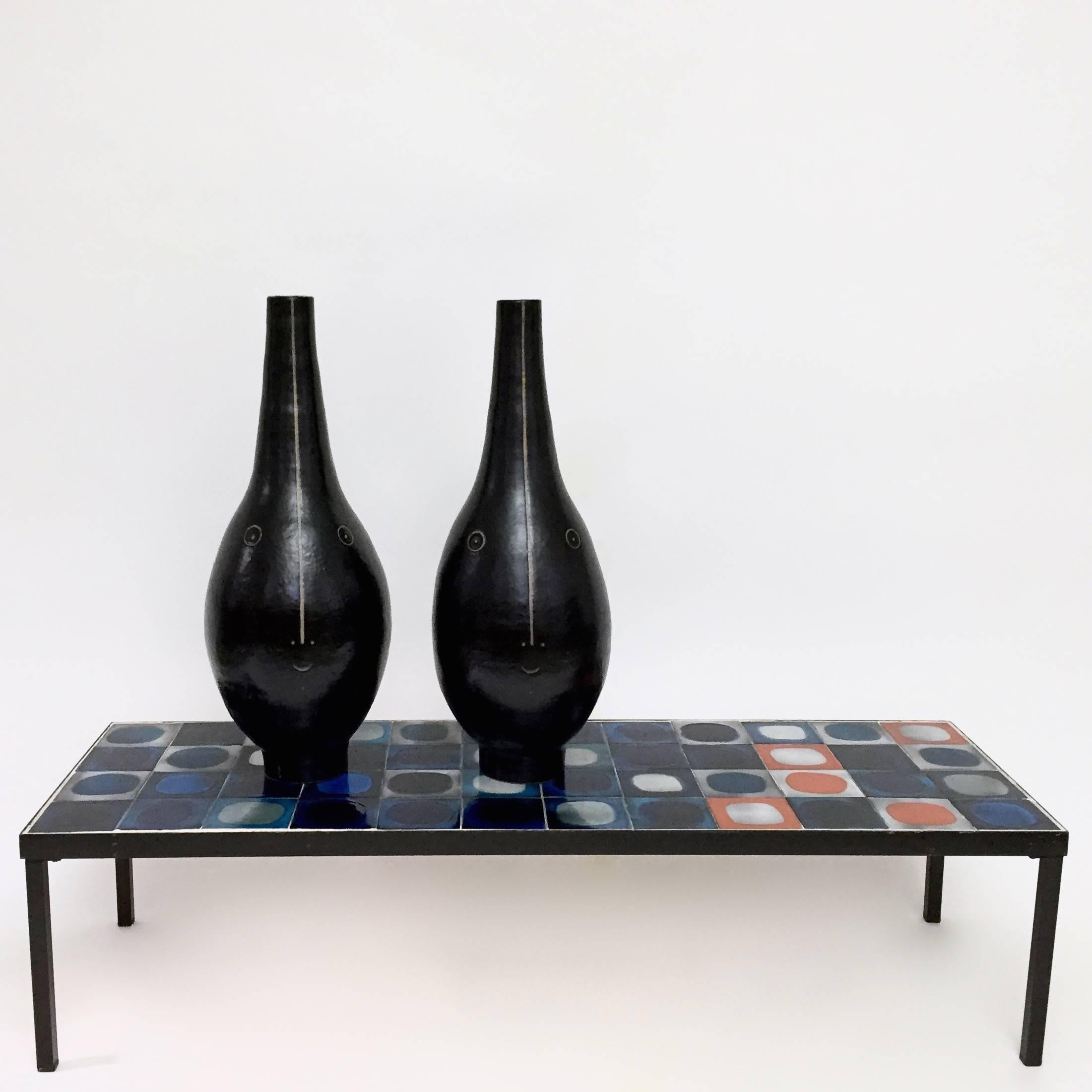 Enameled Dalo, Large Pair of Ceramic Lamp Bases Glazed in Black For Sale