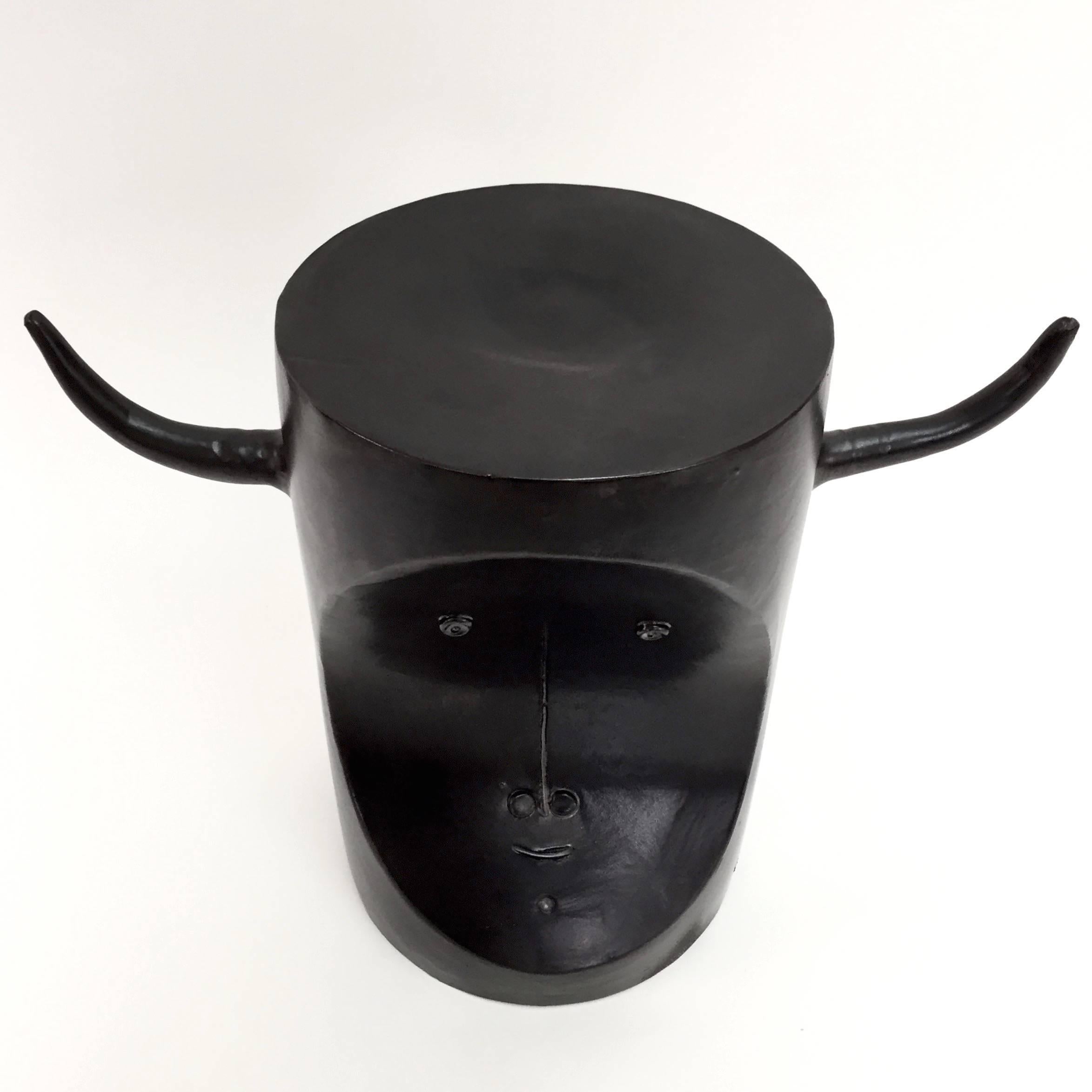 Enameled Robert and Jean Cloutier, Ceramic Bull Sculpture Glazed in Black