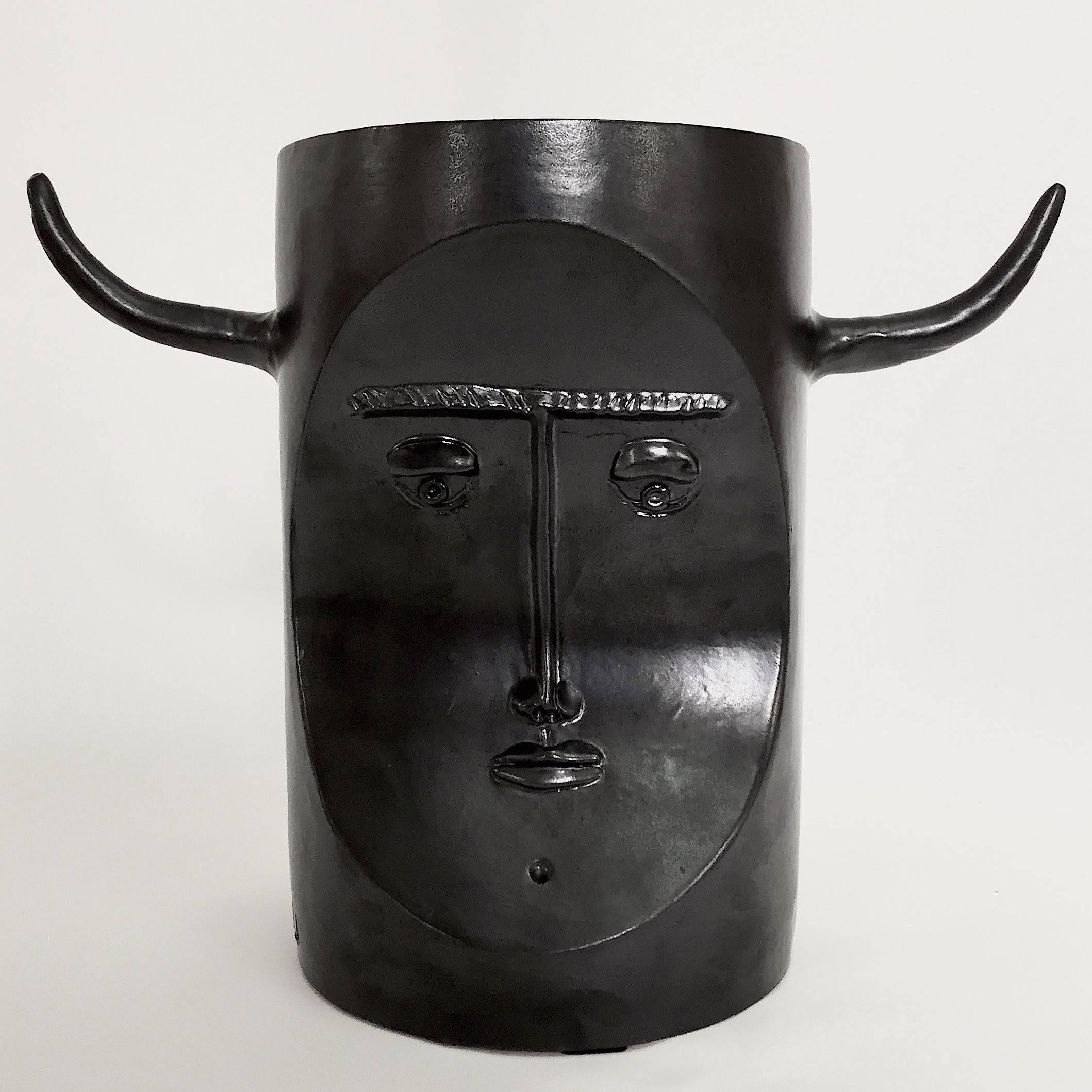 Robert and Jean Cloutier, Ceramic Bull Sculpture Glazed in Black In Excellent Condition In NICE, FR