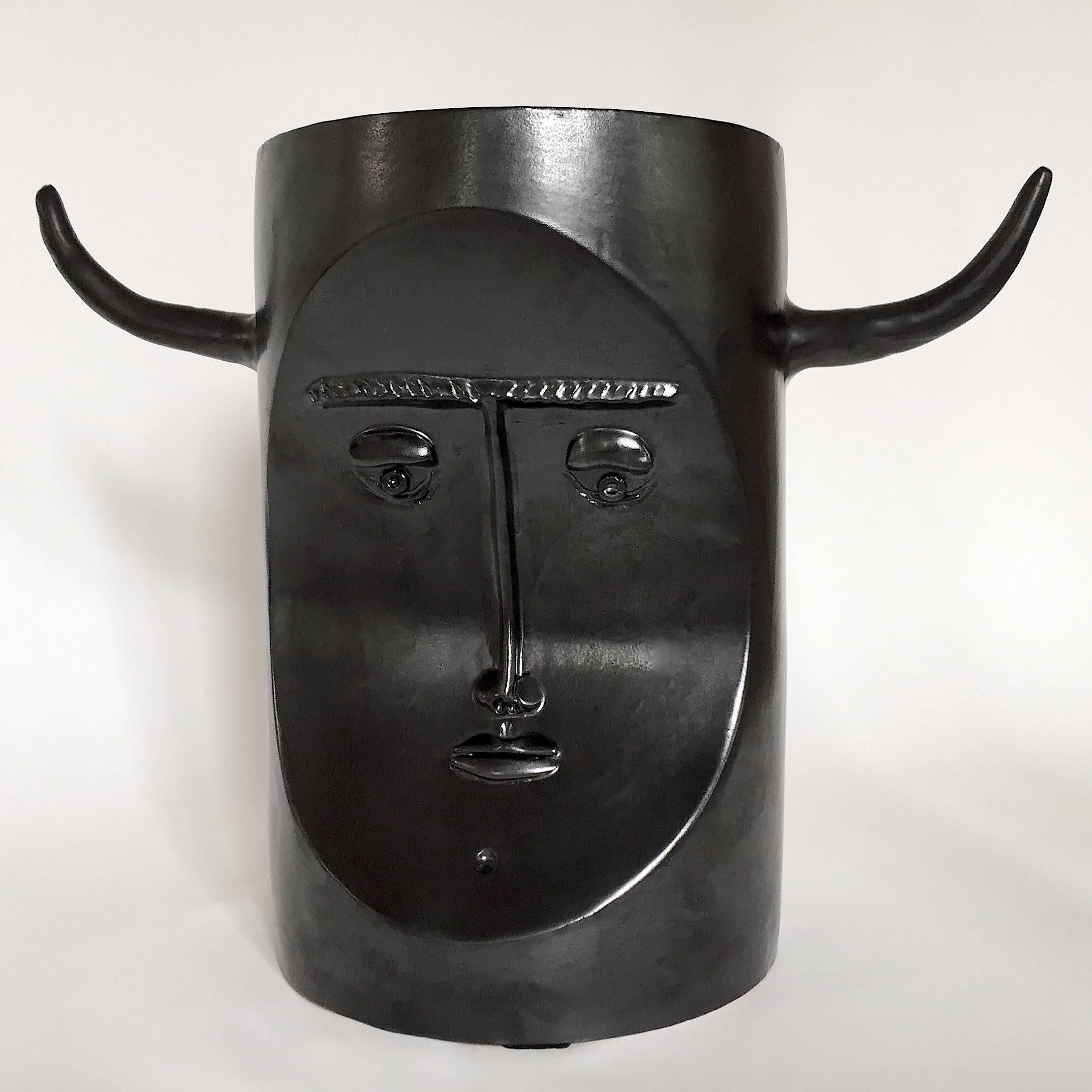 Robert and Jean Cloutier, Ceramic Bull Sculpture Glazed in Black 1