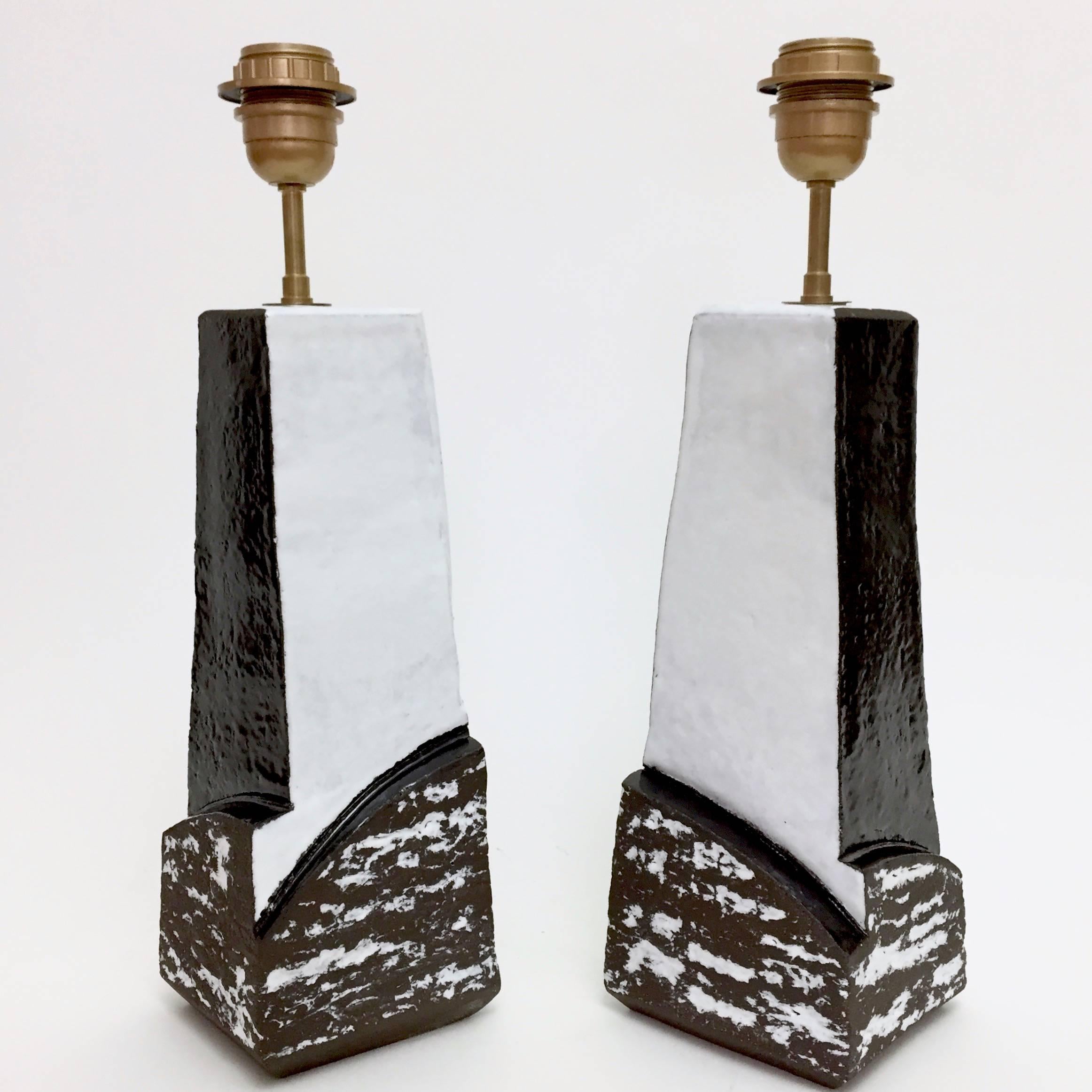Modern Pair of Ceramic Lamp Bases Glazed in Black and White