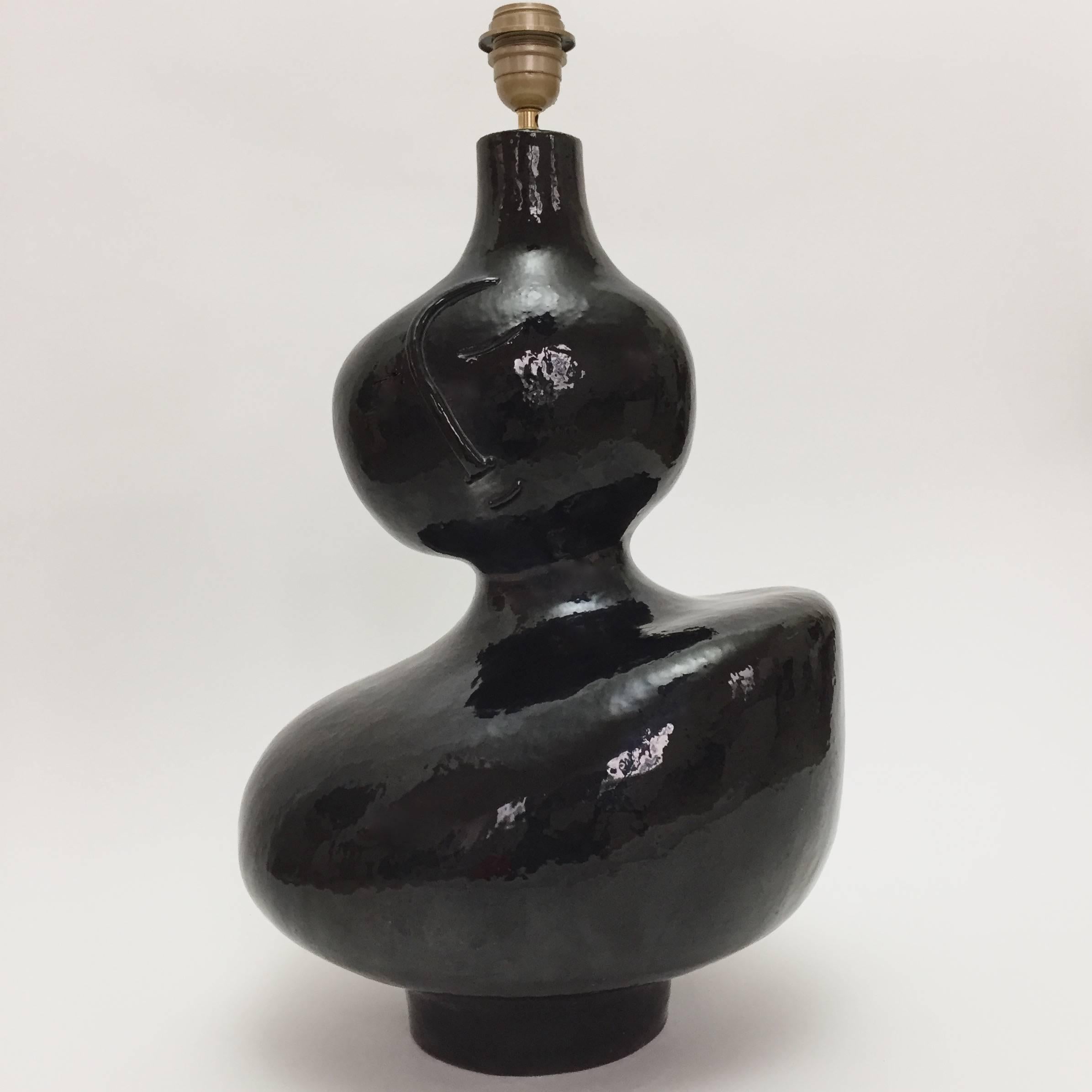 French Dalo, Large Ceramic Table Lamp Base Glazed in Black
