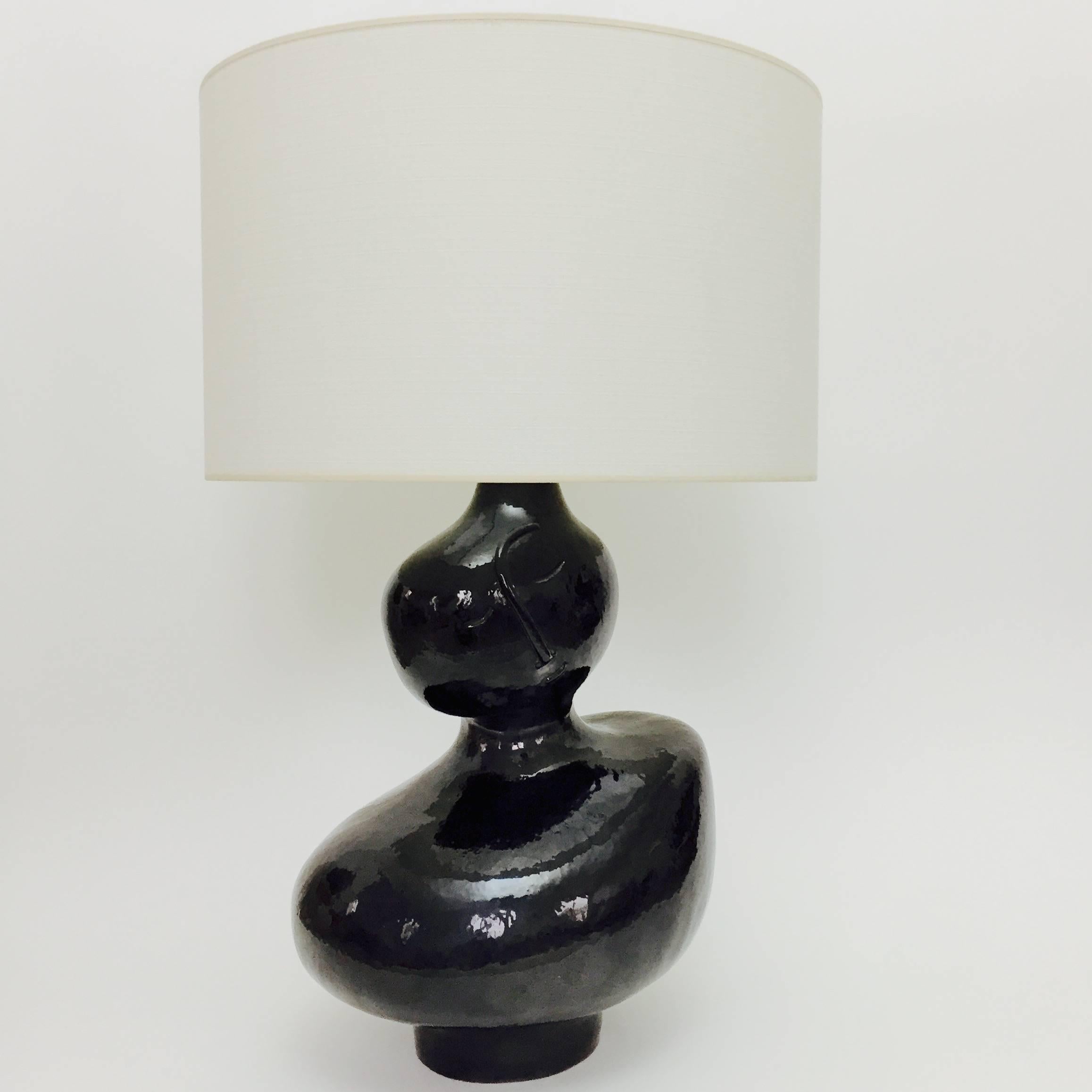 Dalo, Large Ceramic Table Lamp Base Glazed in Black In Excellent Condition In NICE, FR