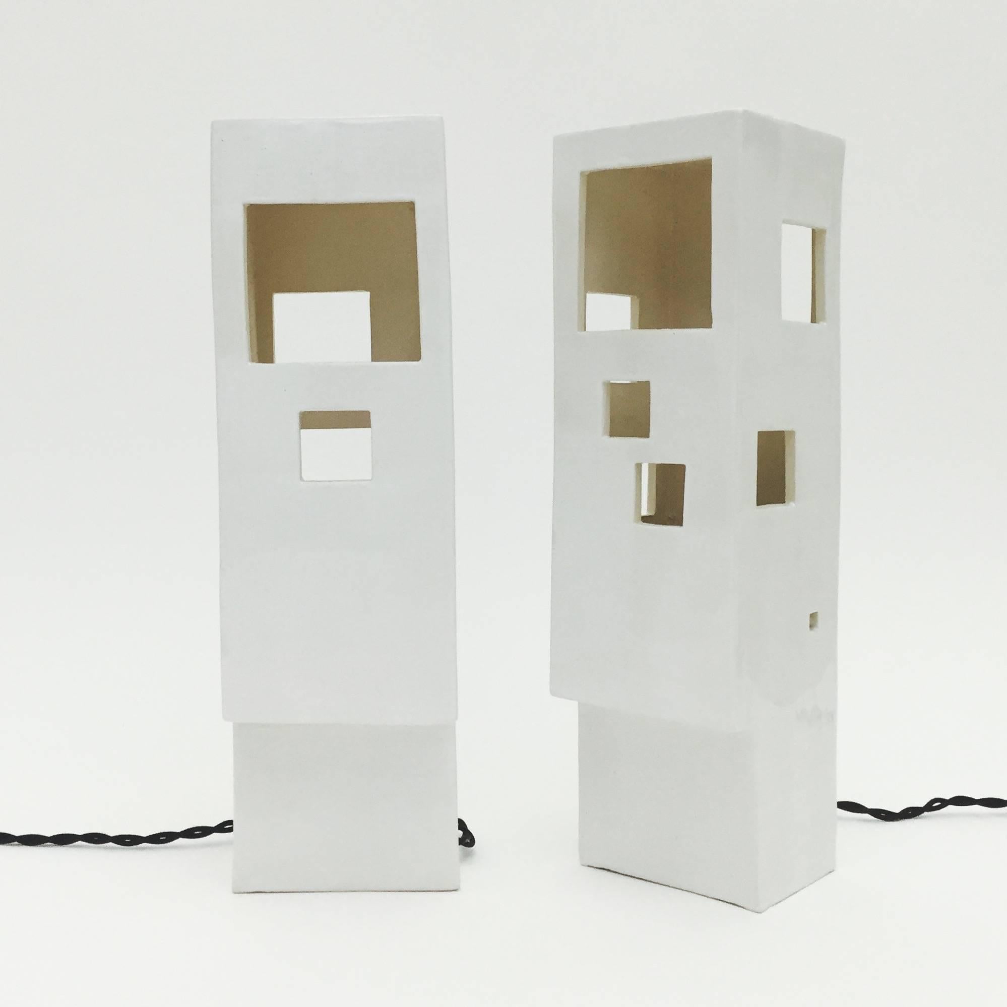 Enameled Pair of Geometric Columns Ceramic Table Lamps