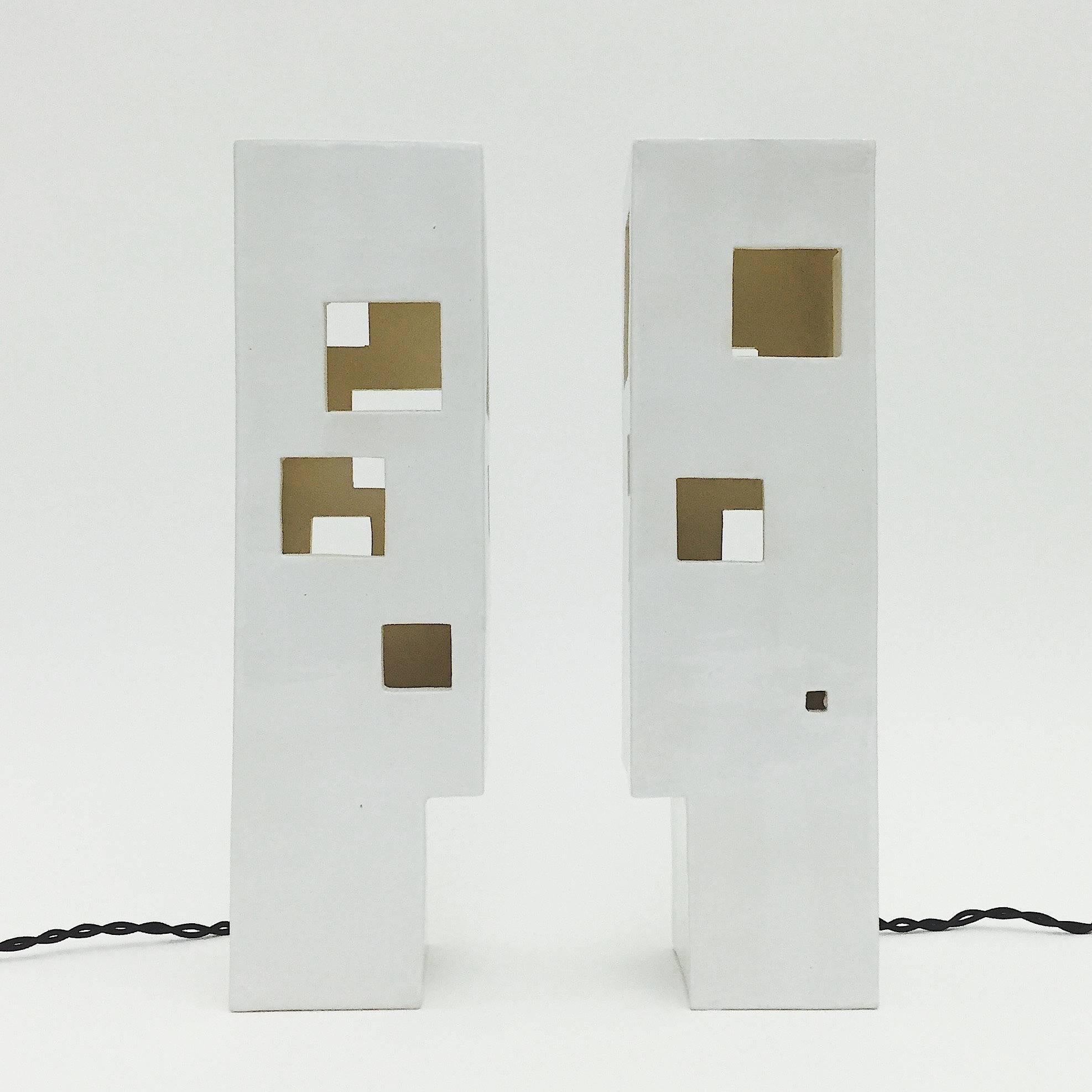 French Pair of Geometric Columns Ceramic Table Lamps