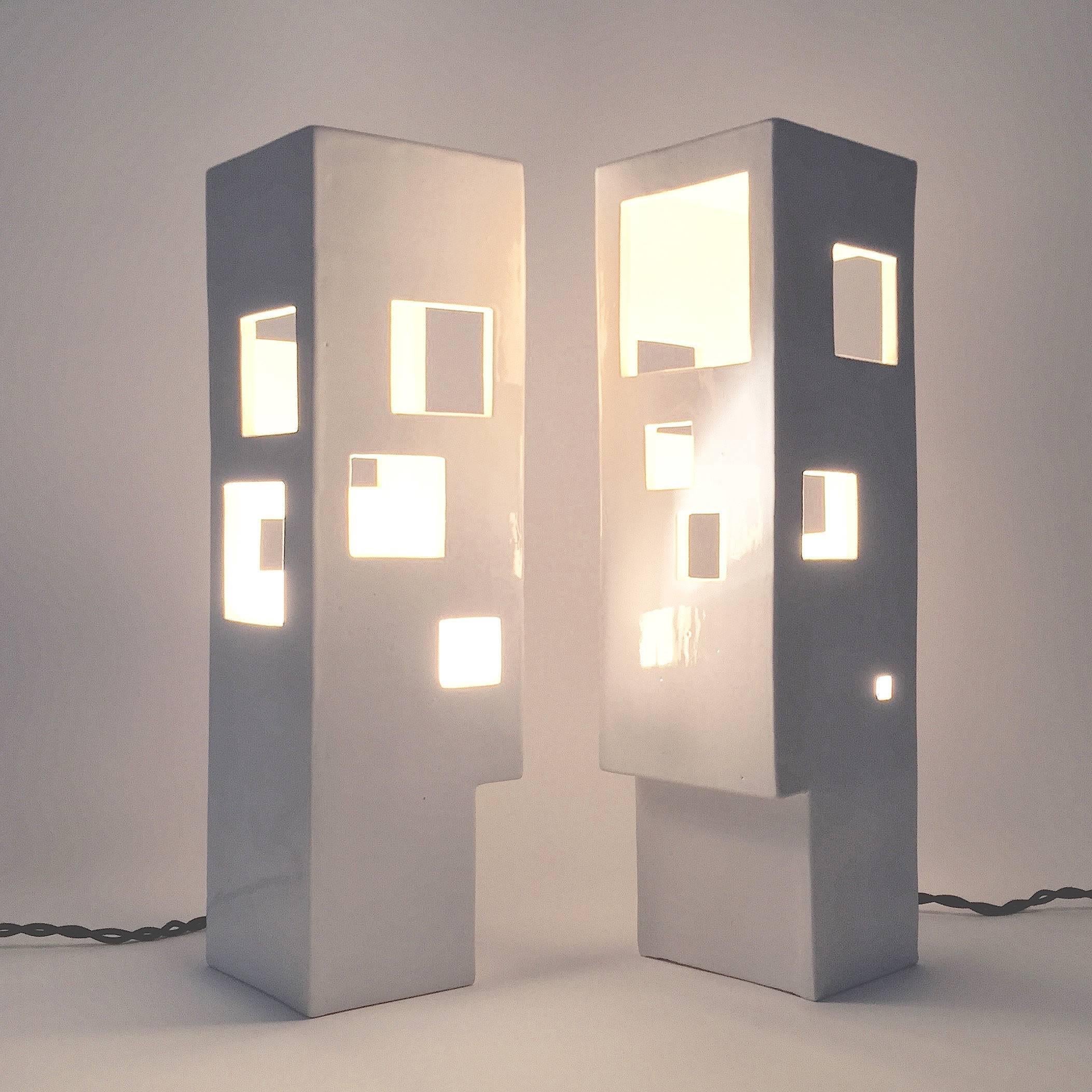 Modern Pair of Geometric Columns Ceramic Table Lamps