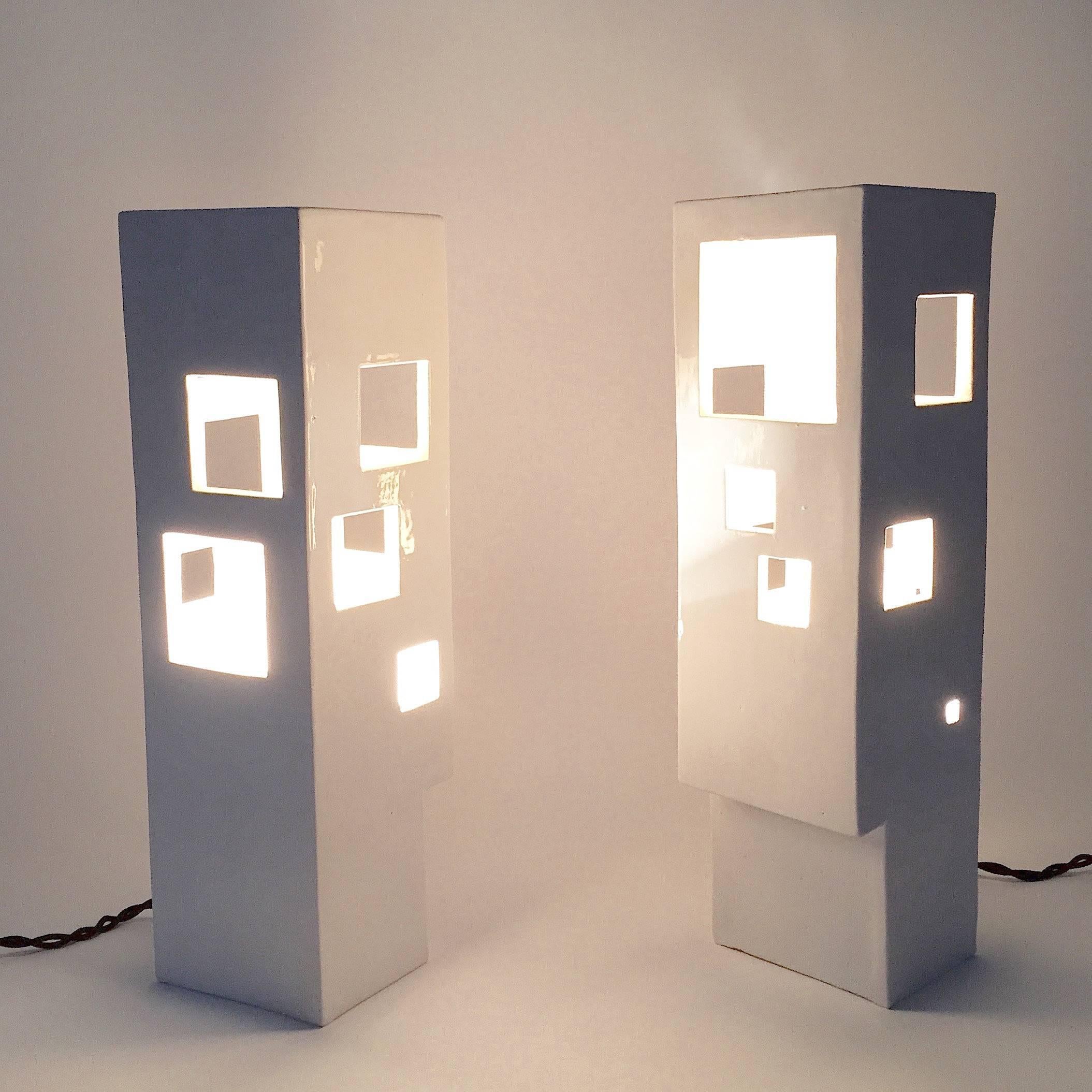 Contemporary Pair of Geometric Columns Ceramic Table Lamps