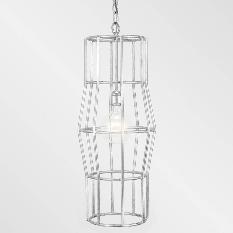 The Halston pendant features a silver-leafed over iron cage like design. Light bulbs: One clear globe g40 standard base 60 watt max (not included). Fully custom and made to order in California. UL listed. 
 