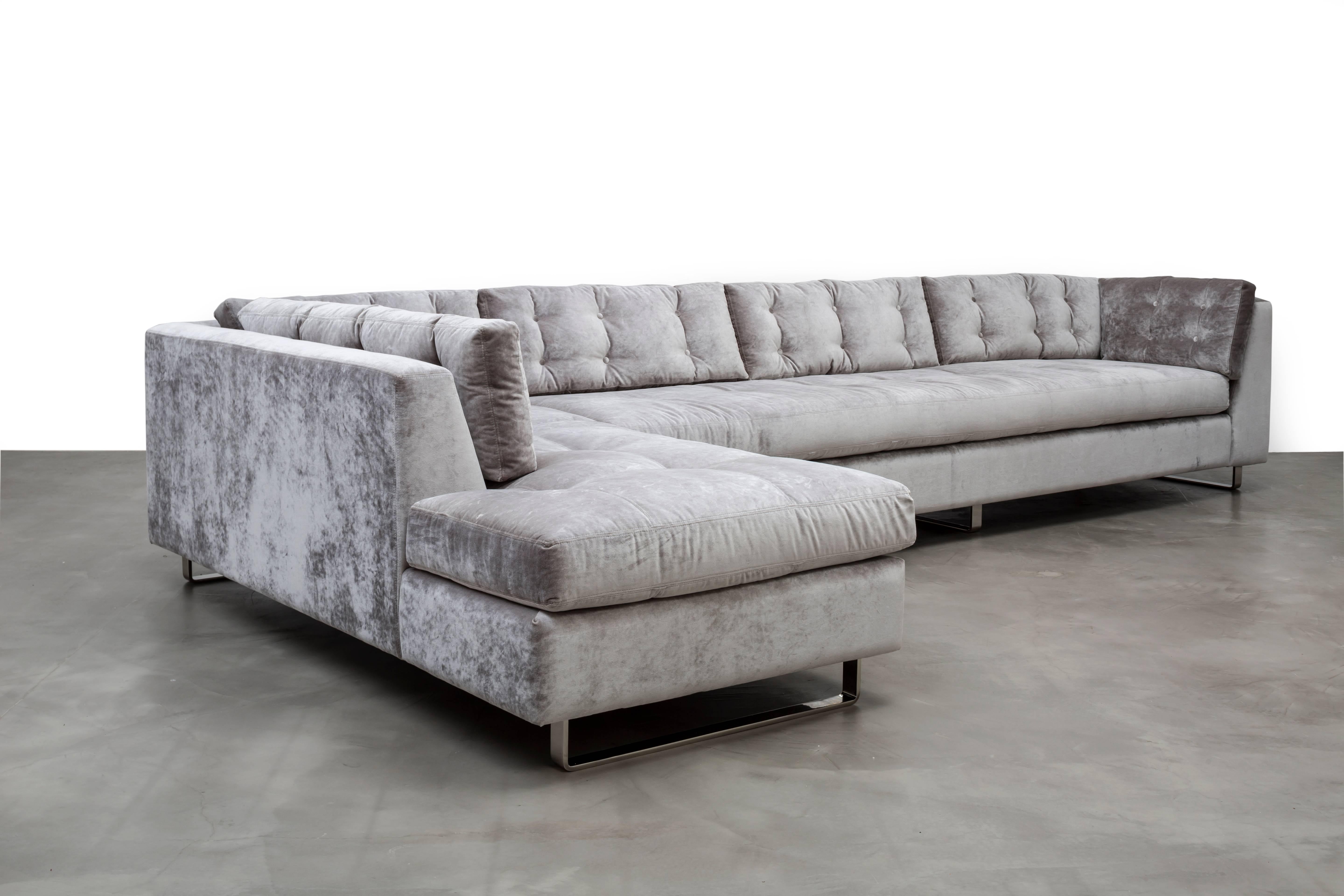 The Sienna Sectional Sofa features modern tufted upholstery over modern metal legs.  Fully custom and made to order in California. As shown in Luxury Velvet $25,730.  Starting at $22,630.